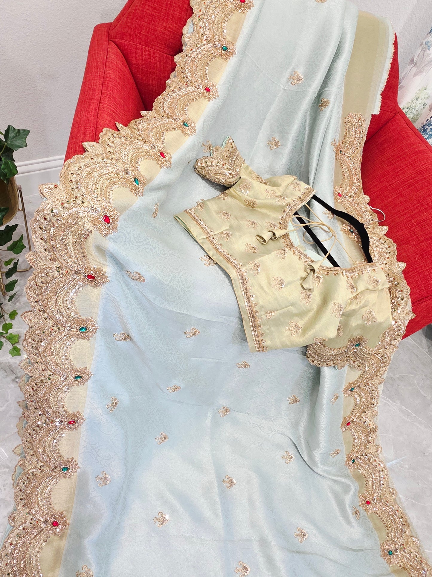 Celestial Mint Gold Aura Pure Kanjeevaram Tissue Saree with Hand-Embroidered Scalloped Border & Designer Blouse