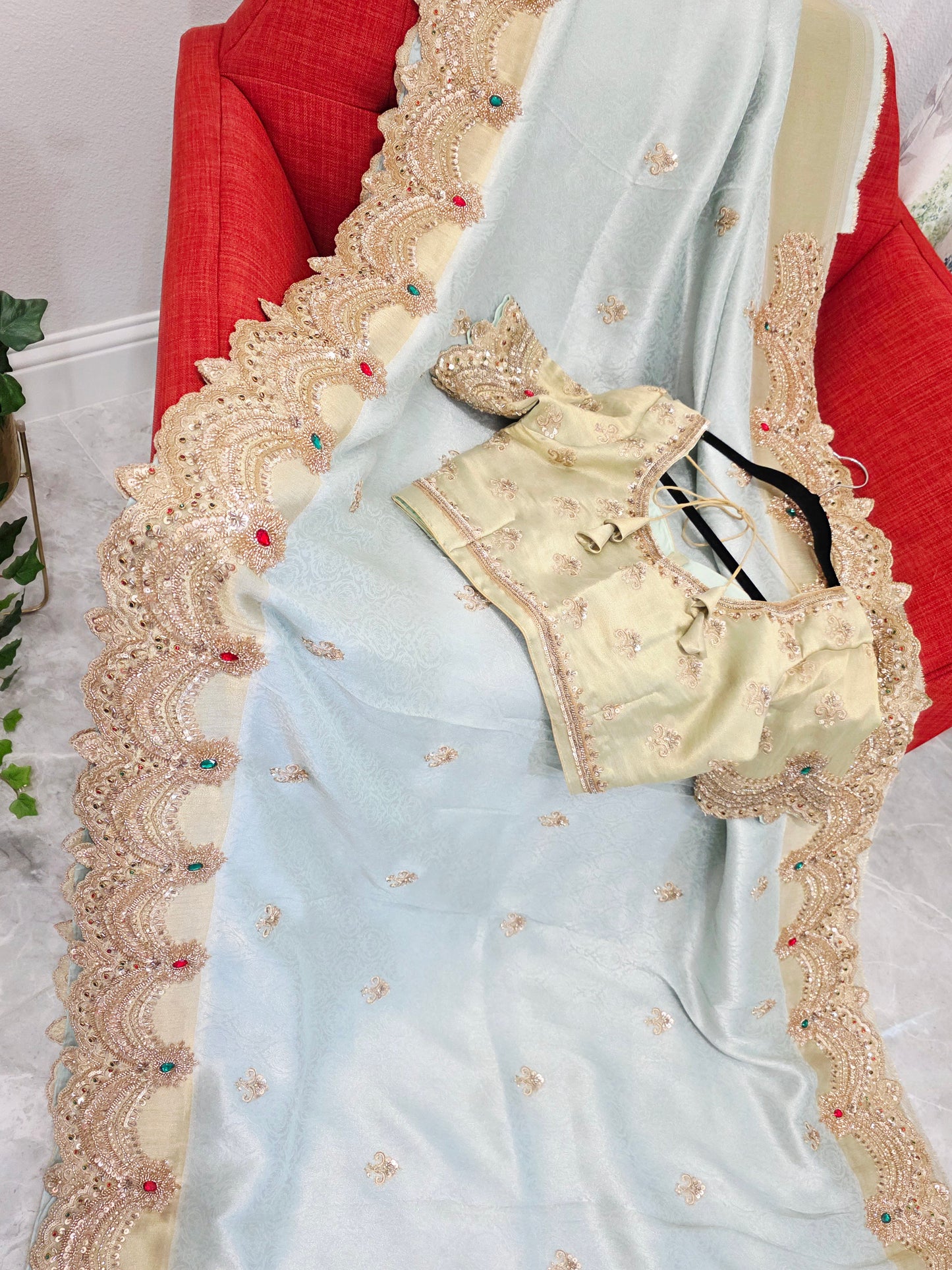 Celestial Mint Gold Aura Pure Kanjeevaram Tissue Saree with Hand-Embroidered Scalloped Border & Designer Blouse