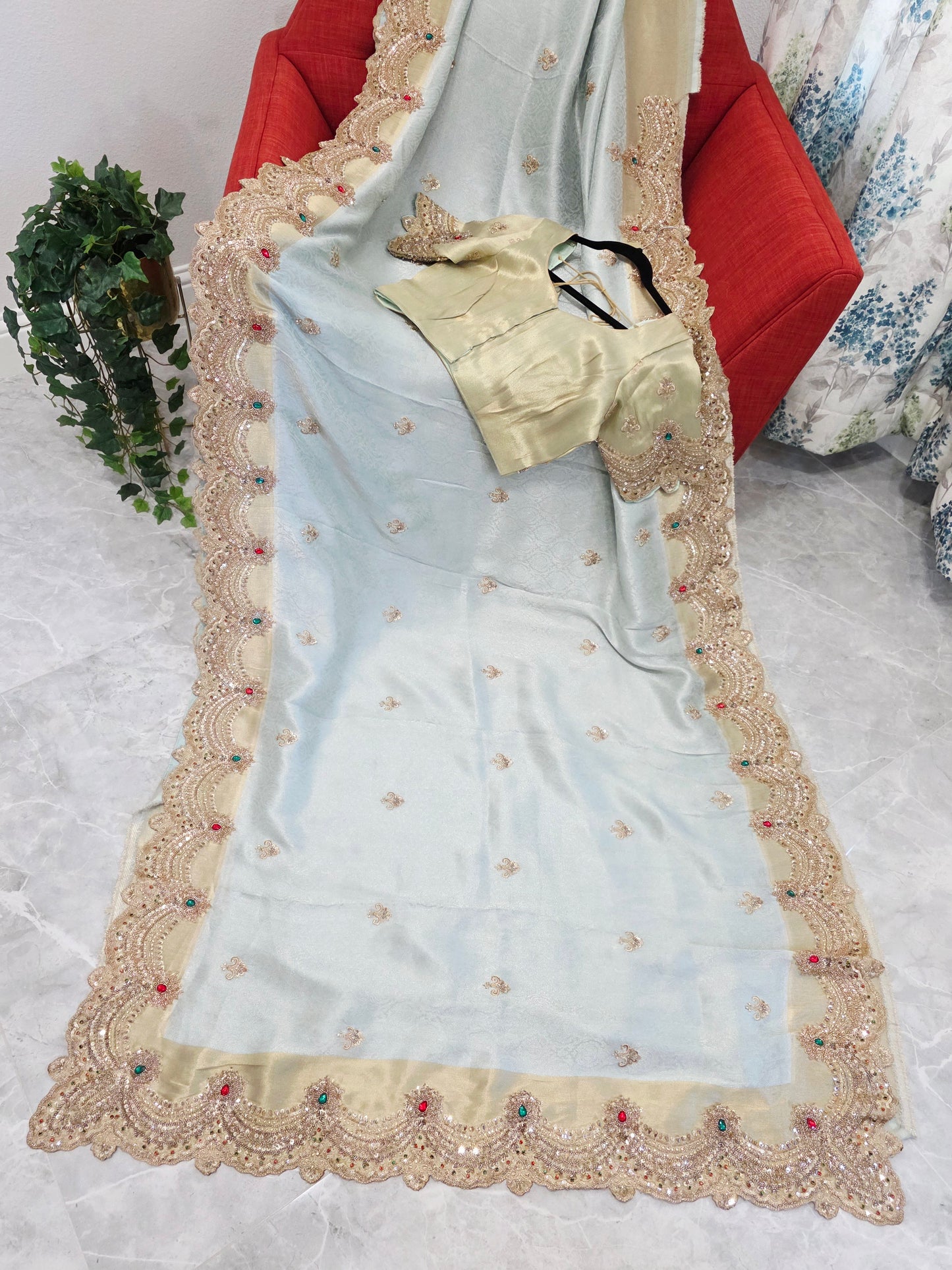 Celestial Mint Gold Aura Pure Kanjeevaram Tissue Saree with Hand-Embroidered Scalloped Border & Designer Blouse