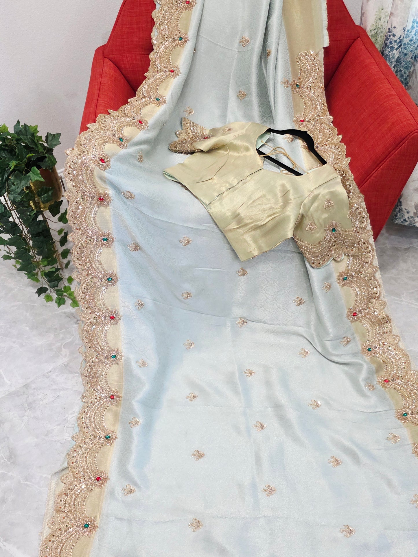 Celestial Mint Gold Aura Pure Kanjeevaram Tissue Saree with Hand-Embroidered Scalloped Border & Designer Blouse