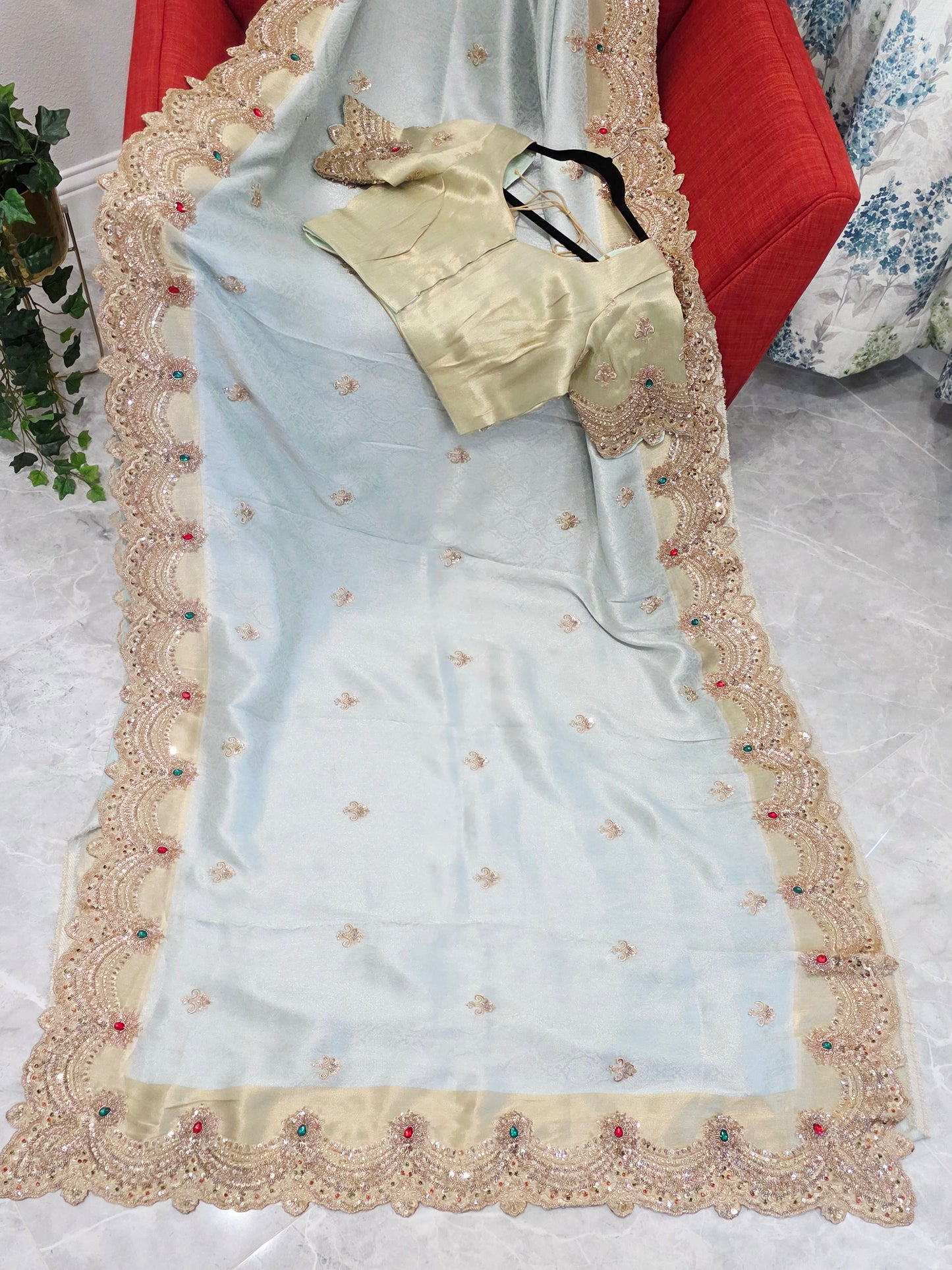 Celestial Mint Gold Aura Pure Kanjeevaram Tissue Saree with Hand-Embroidered Scalloped Border & Designer Blouse