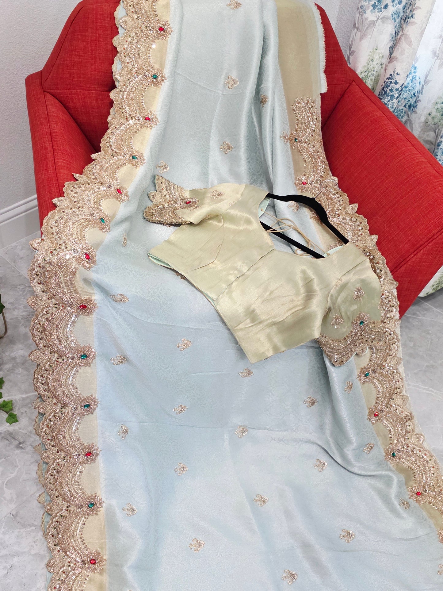 Celestial Mint Gold Aura Pure Kanjeevaram Tissue Saree with Hand-Embroidered Scalloped Border & Designer Blouse