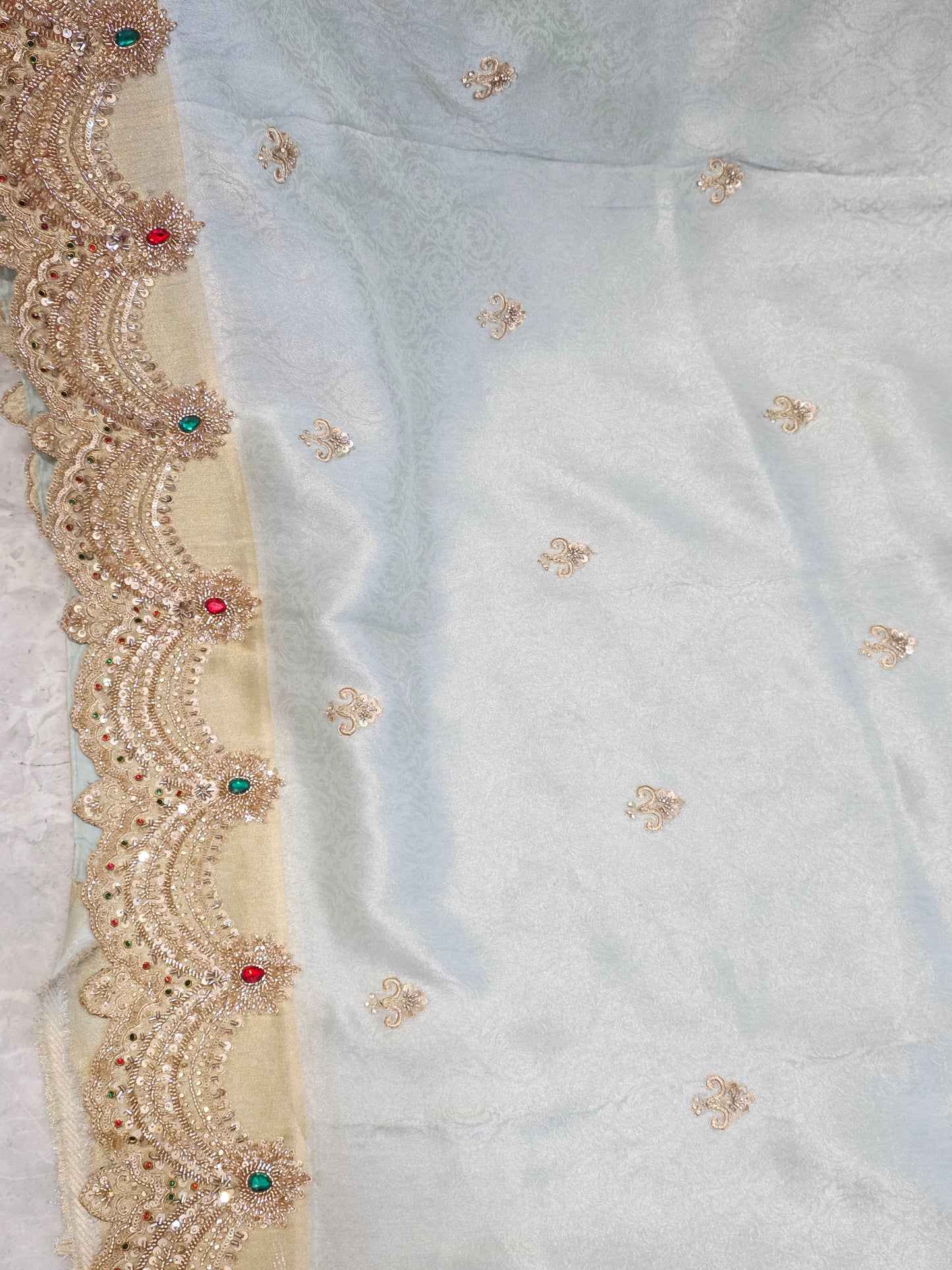 Celestial Mint Gold Aura Pure Kanjeevaram Tissue Saree with Hand-Embroidered Scalloped Border & Designer Blouse