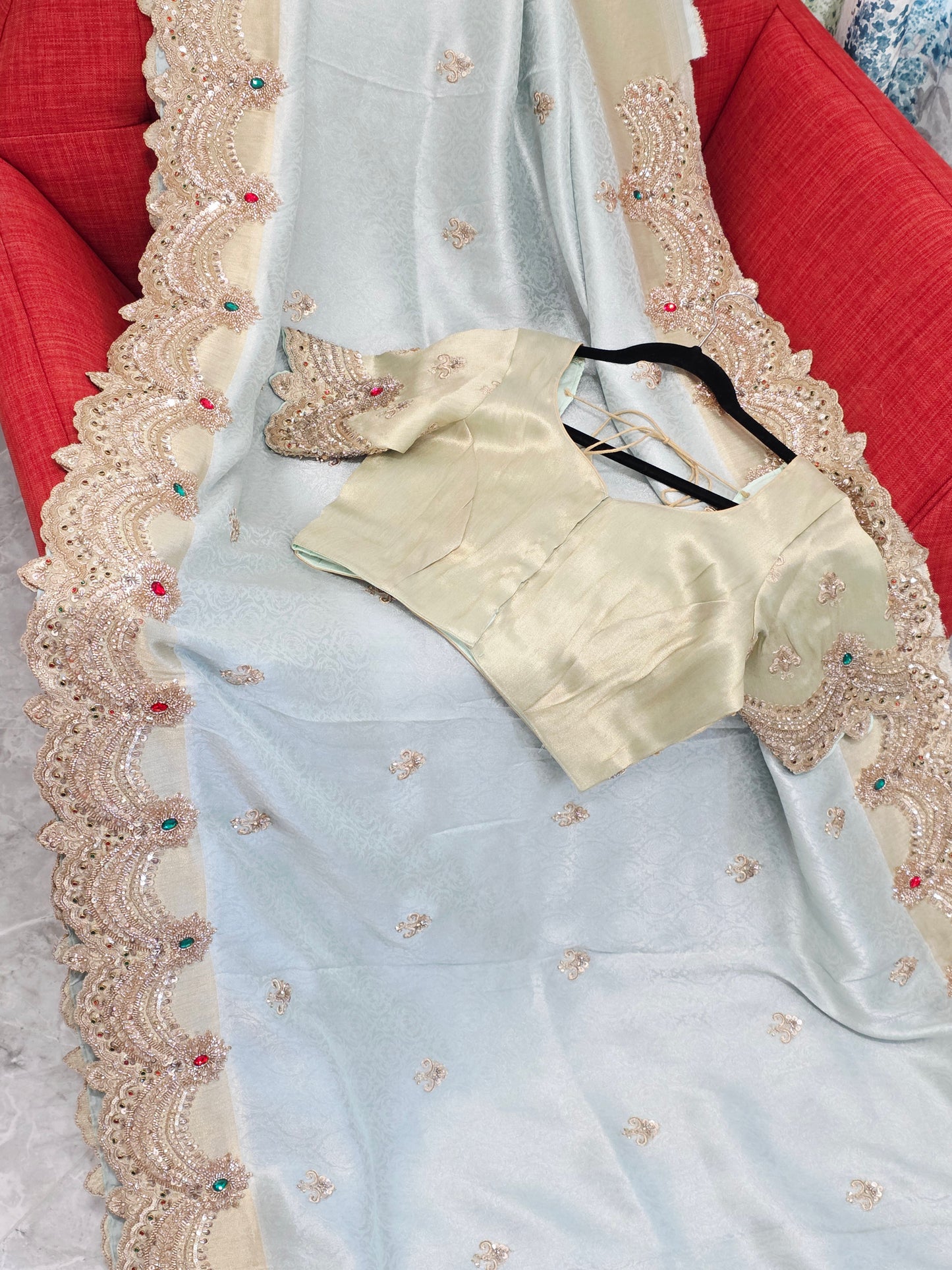 Celestial Mint Gold Aura Pure Kanjeevaram Tissue Saree with Hand-Embroidered Scalloped Border & Designer Blouse