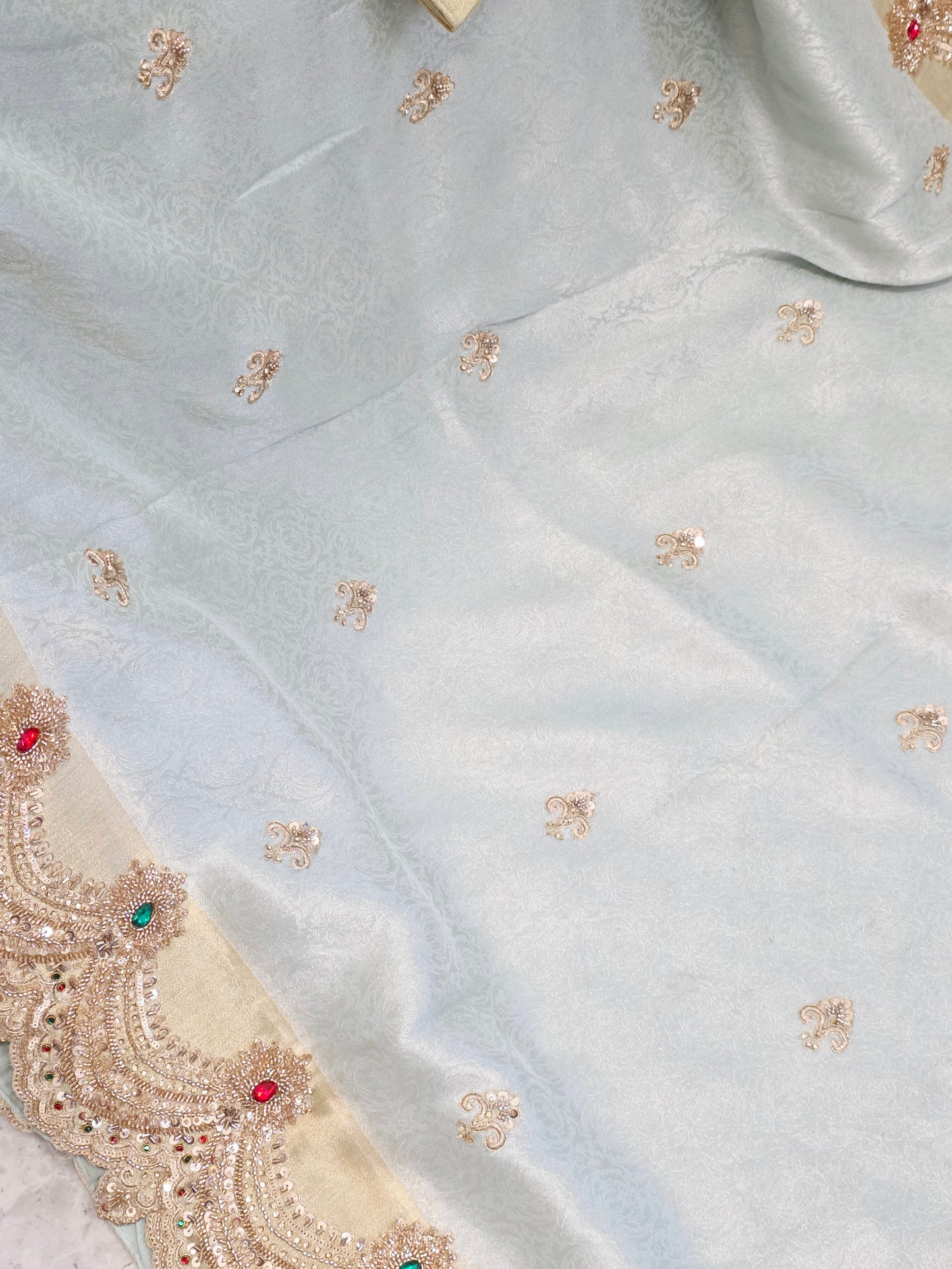 Celestial Mint Gold Aura Pure Kanjeevaram Tissue Saree with Hand-Embroidered Scalloped Border & Designer Blouse
