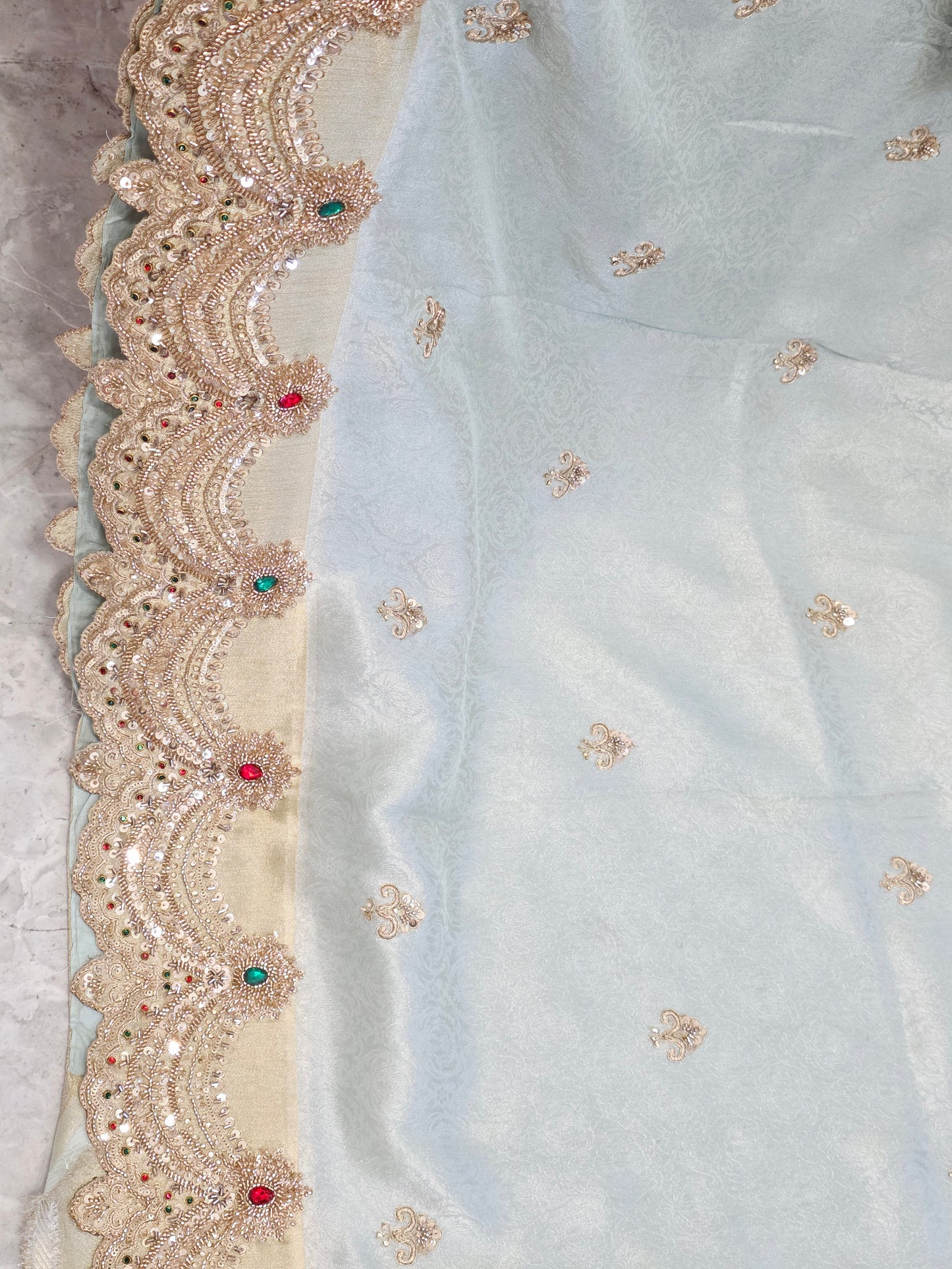 Celestial Mint Gold Aura Pure Kanjeevaram Tissue Saree with Hand-Embroidered Scalloped Border & Designer Blouse