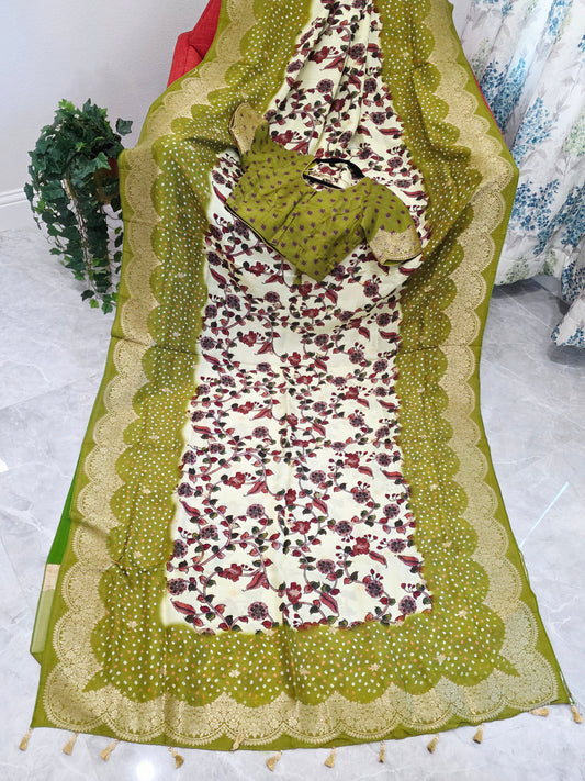 Royal Olive & Ivory Kalamkari Dola Benarasi Silk Saree with Bandhini Zari Border & Premium Stitched Blouse