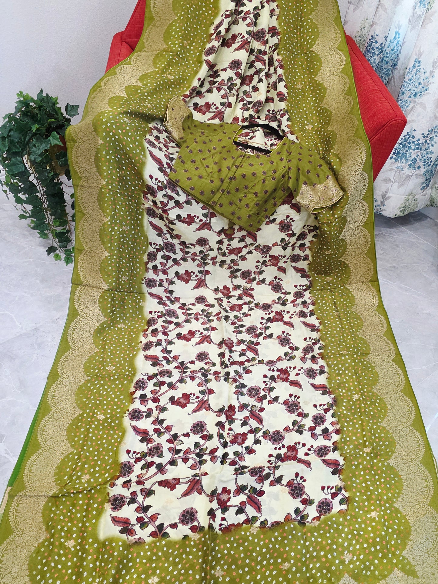 Royal Olive & Ivory Kalamkari Dola Benarasi Silk Saree with Bandhini Zari Border & Premium Stitched Blouse