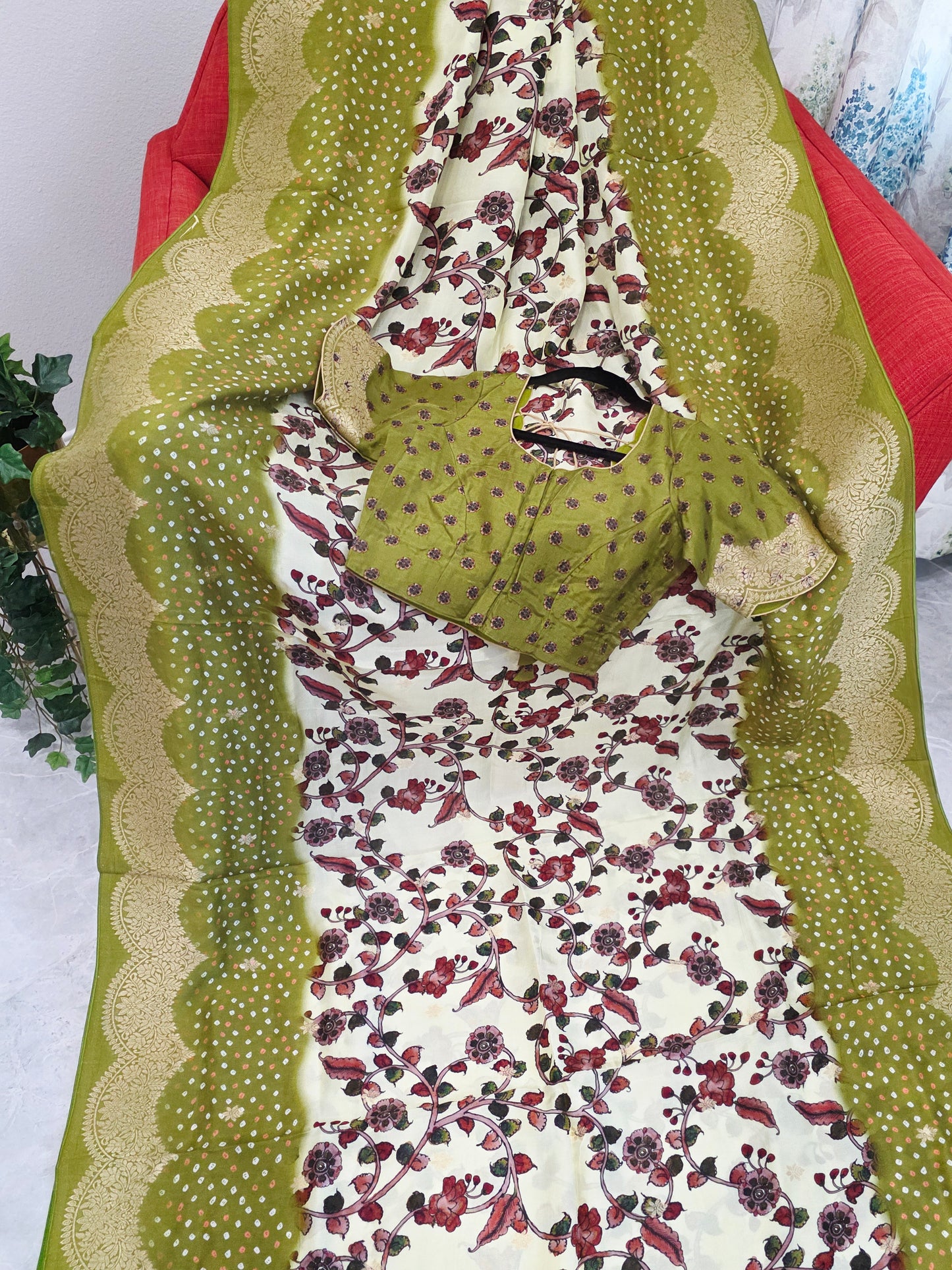 Royal Olive & Ivory Kalamkari Dola Benarasi Silk Saree with Bandhini Zari Border & Premium Stitched Blouse