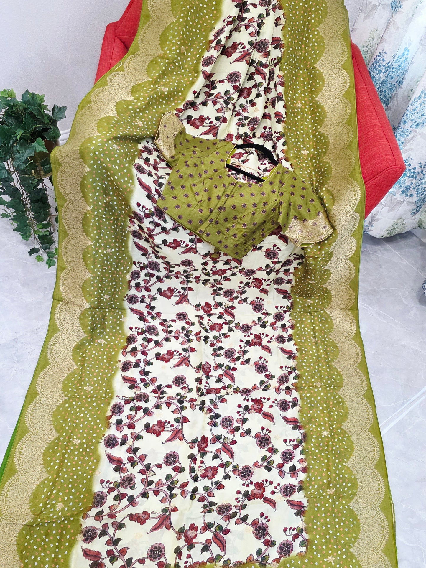 Royal Olive & Ivory Kalamkari Dola Benarasi Silk Saree with Bandhini Zari Border & Premium Stitched Blouse