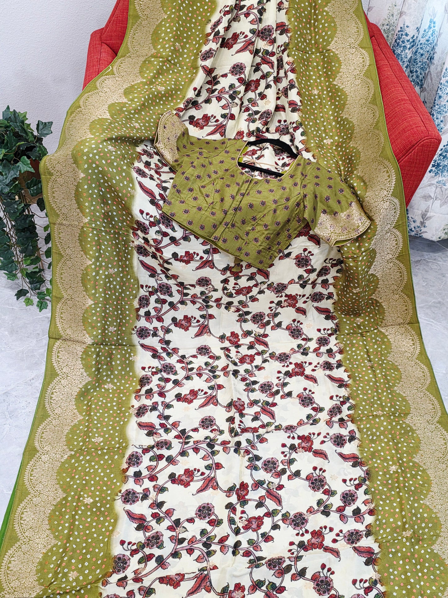 Royal Olive & Ivory Kalamkari Dola Benarasi Silk Saree with Bandhini Zari Border & Premium Stitched Blouse