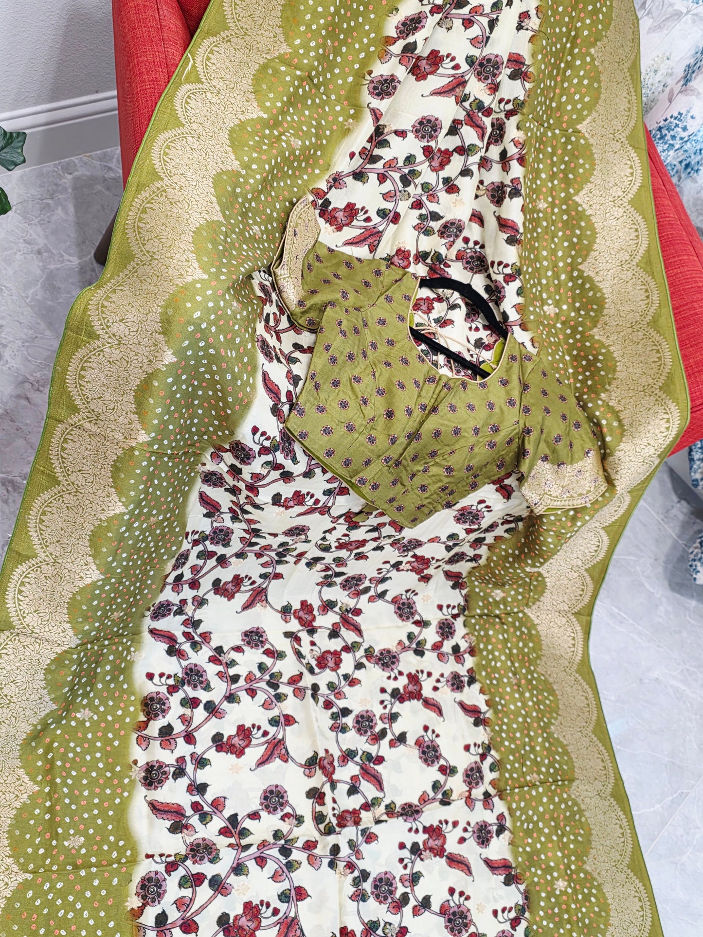 Royal Olive & Ivory Kalamkari Dola Benarasi Silk Saree with Bandhini Zari Border & Premium Stitched Blouse