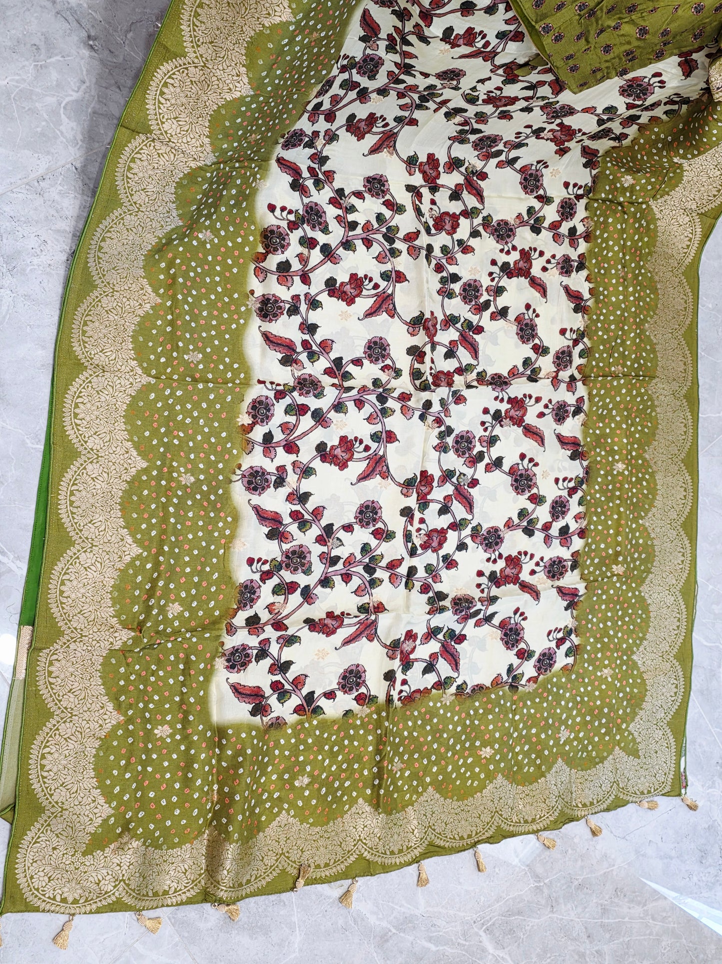 Royal Olive & Ivory Kalamkari Dola Benarasi Silk Saree with Bandhini Zari Border & Premium Stitched Blouse