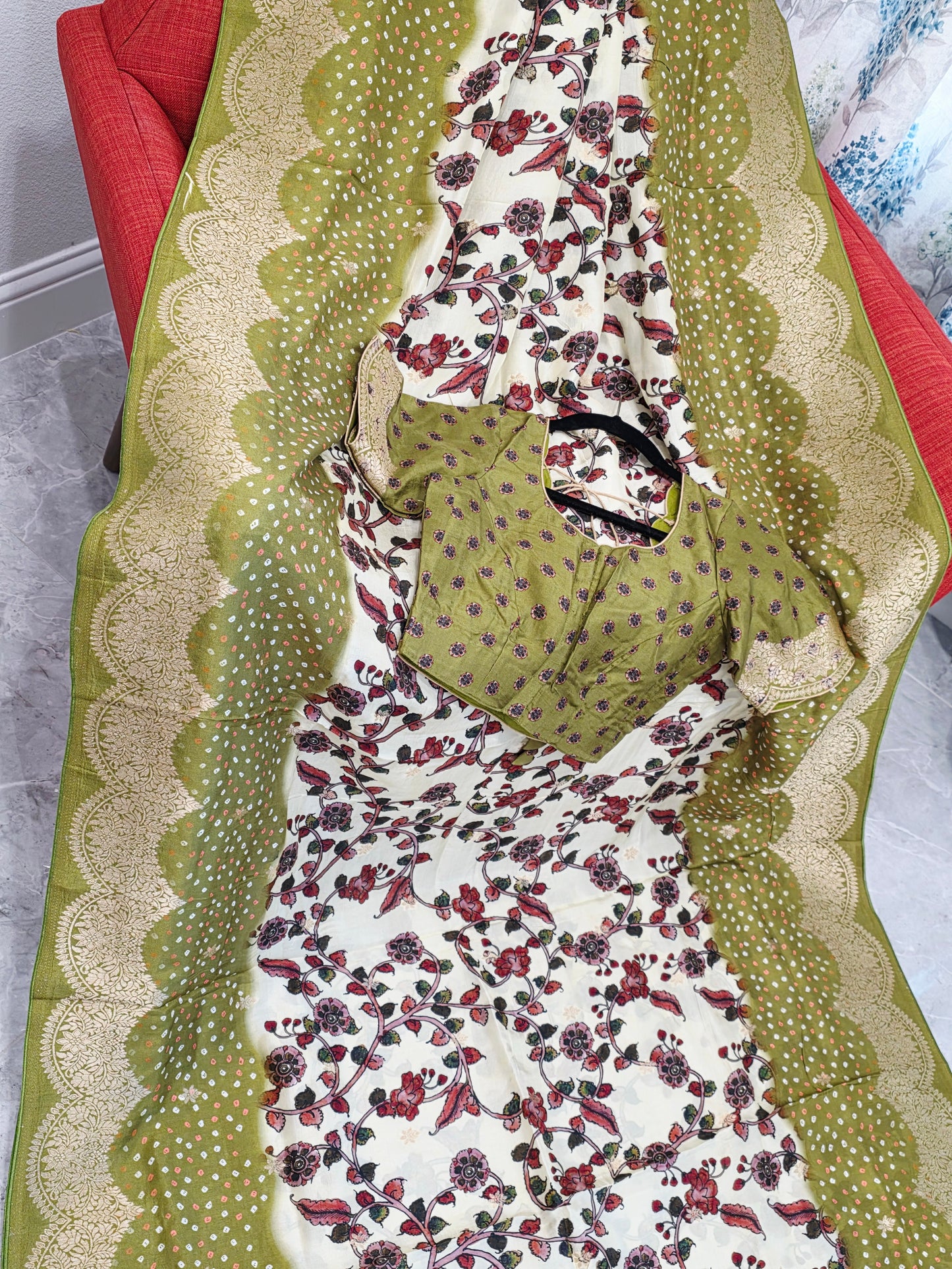 Royal Olive & Ivory Kalamkari Dola Benarasi Silk Saree with Bandhini Zari Border & Premium Stitched Blouse
