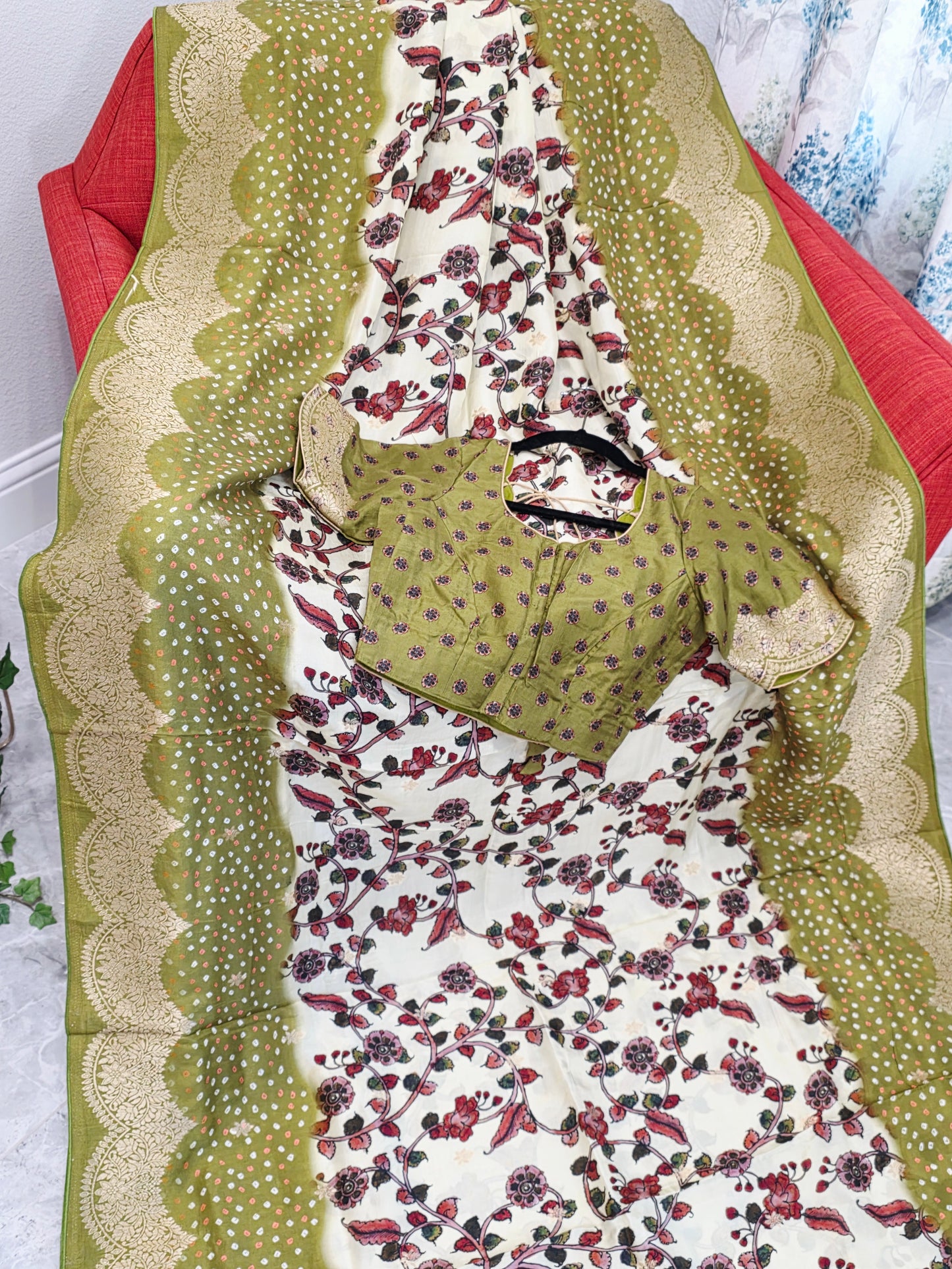 Royal Olive & Ivory Kalamkari Dola Benarasi Silk Saree with Bandhini Zari Border & Premium Stitched Blouse