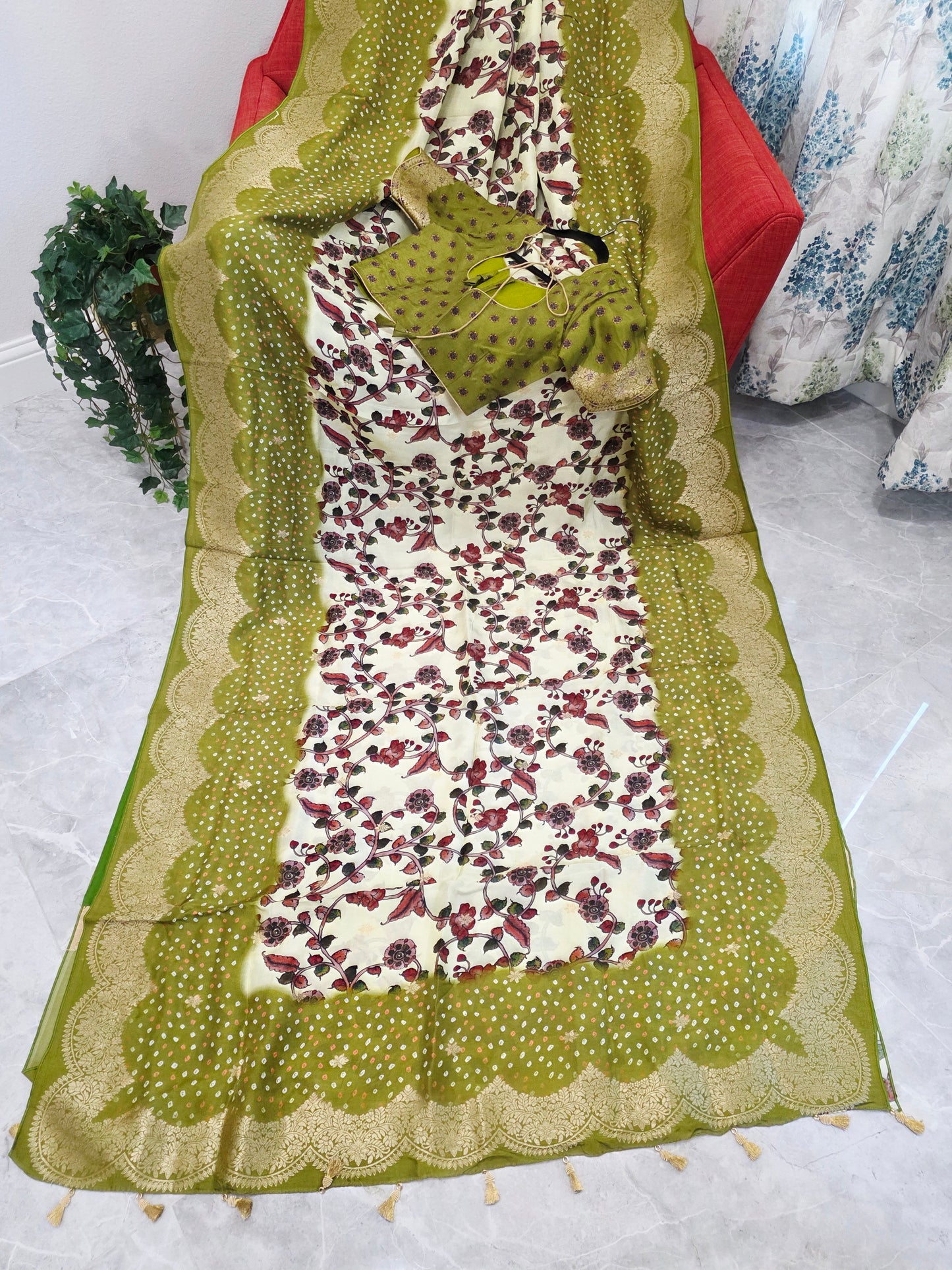 Royal Olive & Ivory Kalamkari Dola Benarasi Silk Saree with Bandhini Zari Border & Premium Stitched Blouse