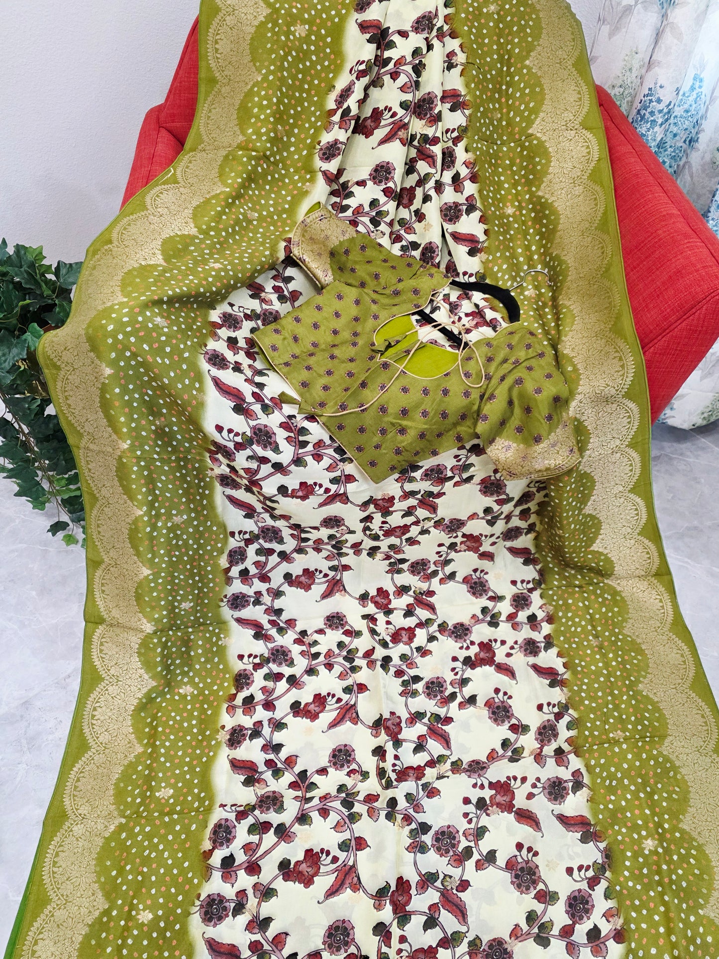 Royal Olive & Ivory Kalamkari Dola Benarasi Silk Saree with Bandhini Zari Border & Premium Stitched Blouse