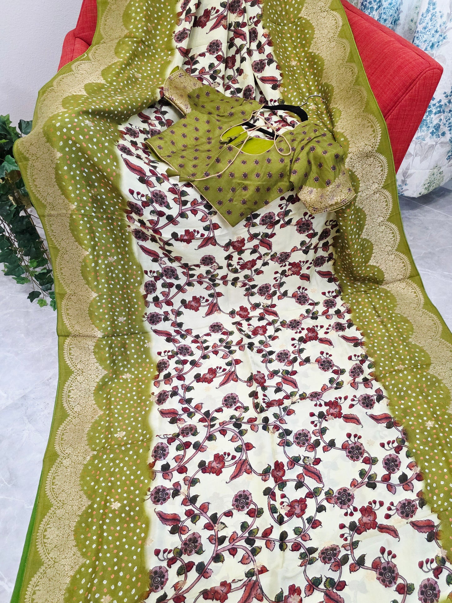 Royal Olive & Ivory Kalamkari Dola Benarasi Silk Saree with Bandhini Zari Border & Premium Stitched Blouse
