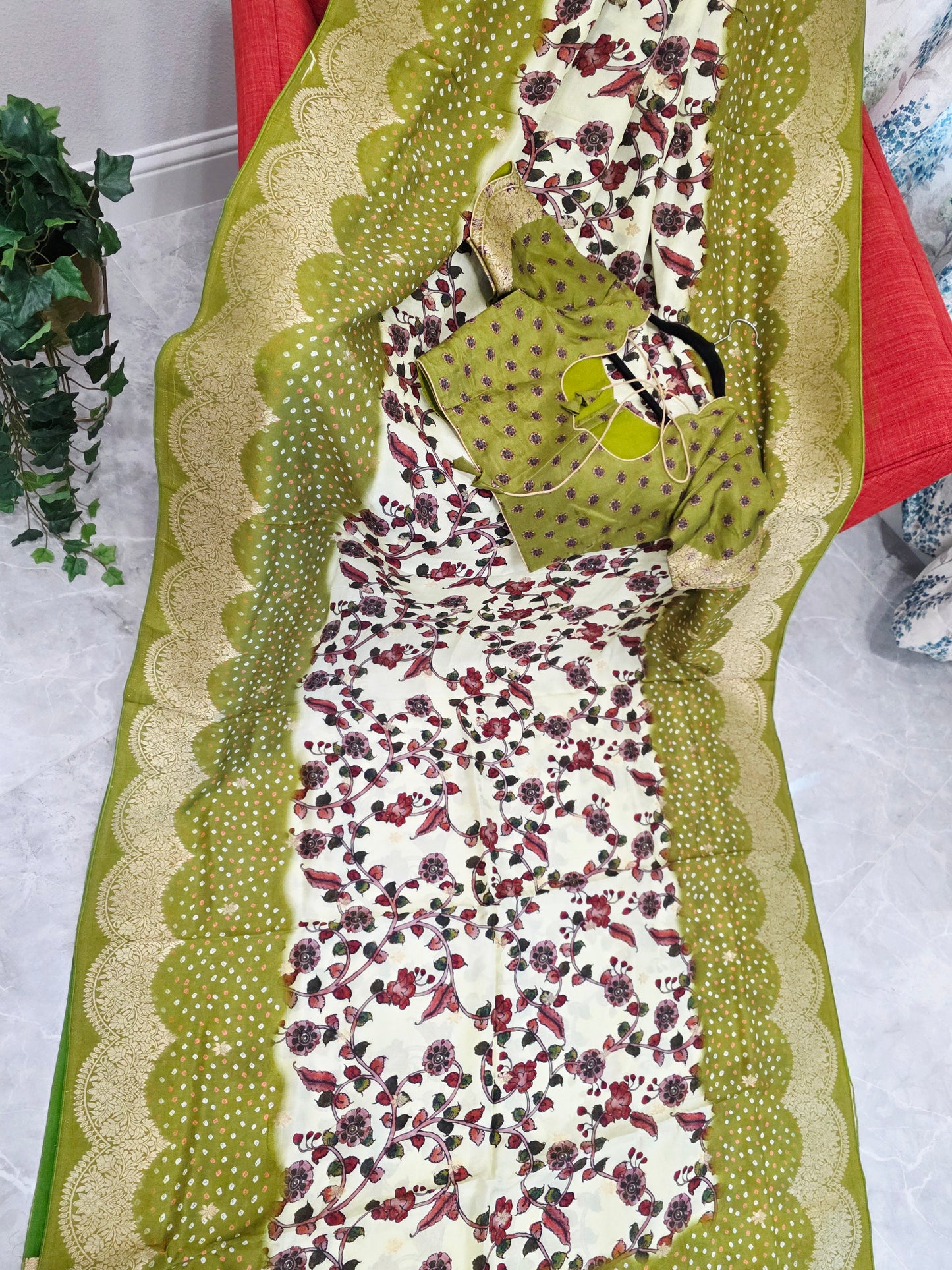 Royal Olive & Ivory Kalamkari Dola Benarasi Silk Saree with Bandhini Zari Border & Premium Stitched Blouse