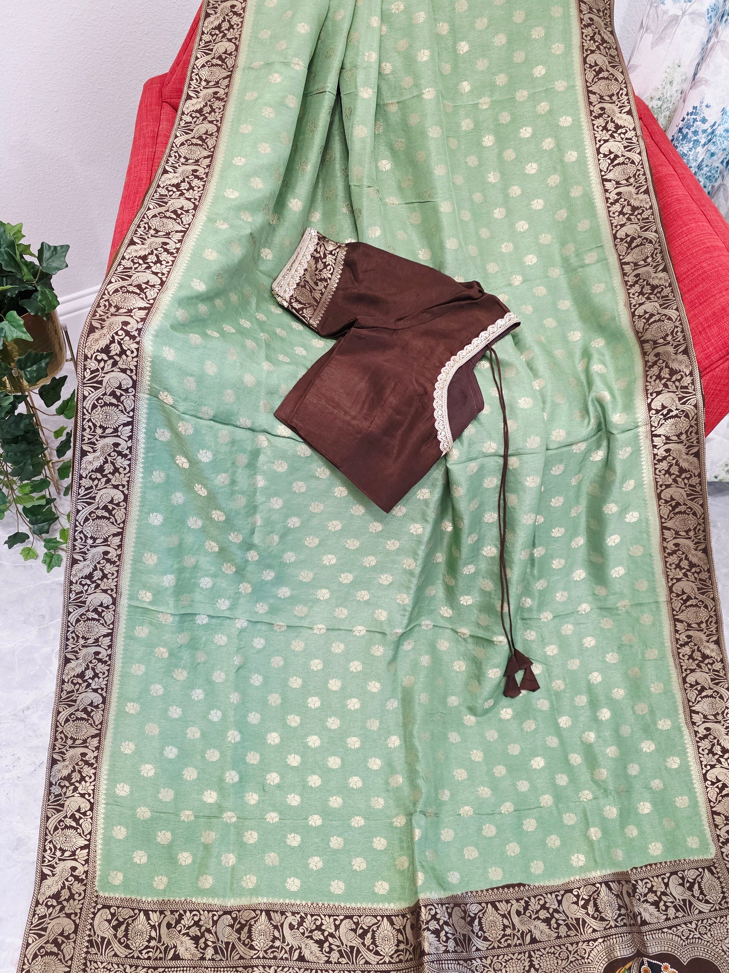 Mint Sage Green Munga Banarasi Crepe Silk Saree with Bridal Pallu & Brown Blouse