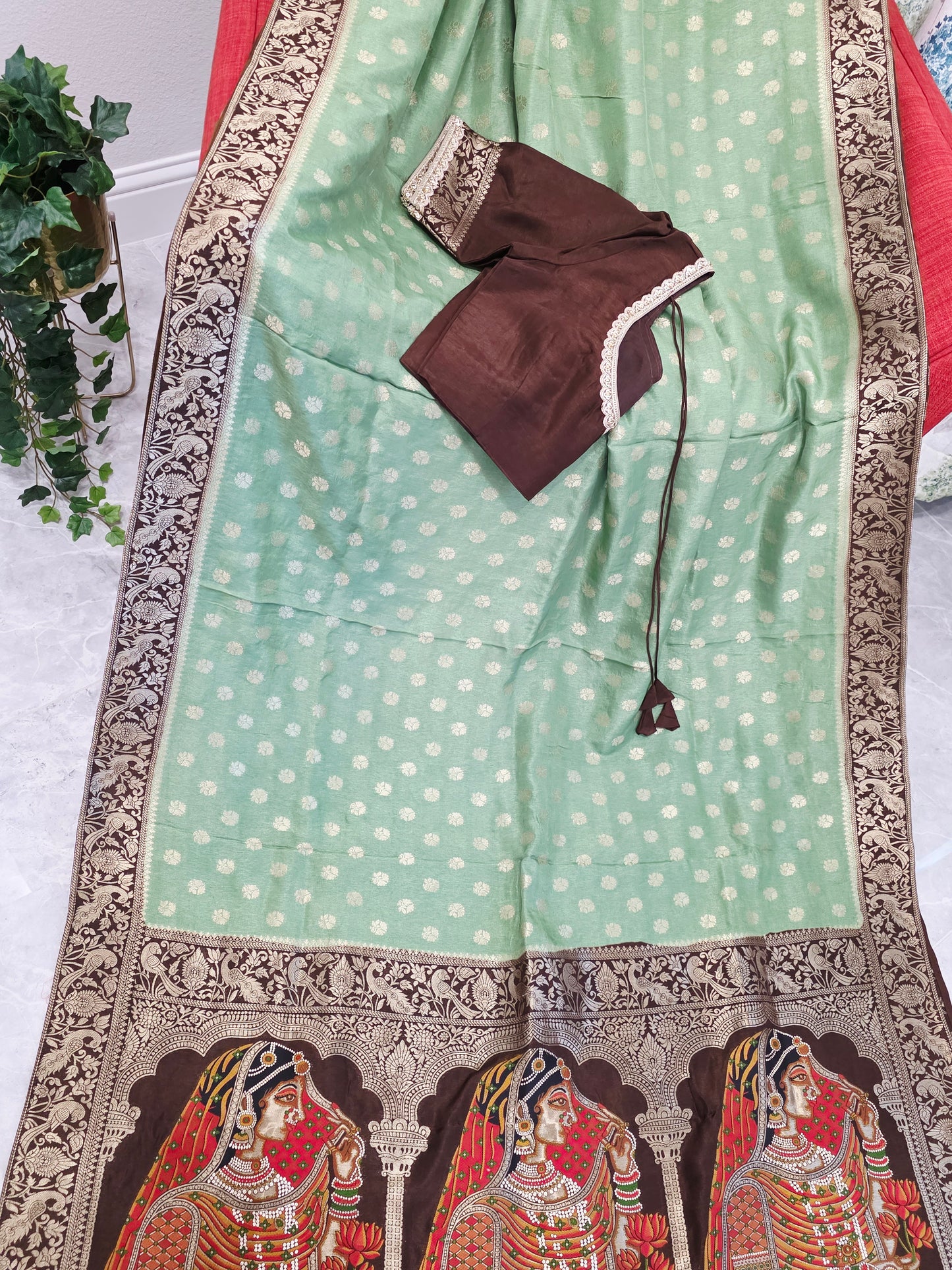Mint Sage Green Munga Banarasi Crepe Silk Saree with Bridal Pallu & Brown Blouse