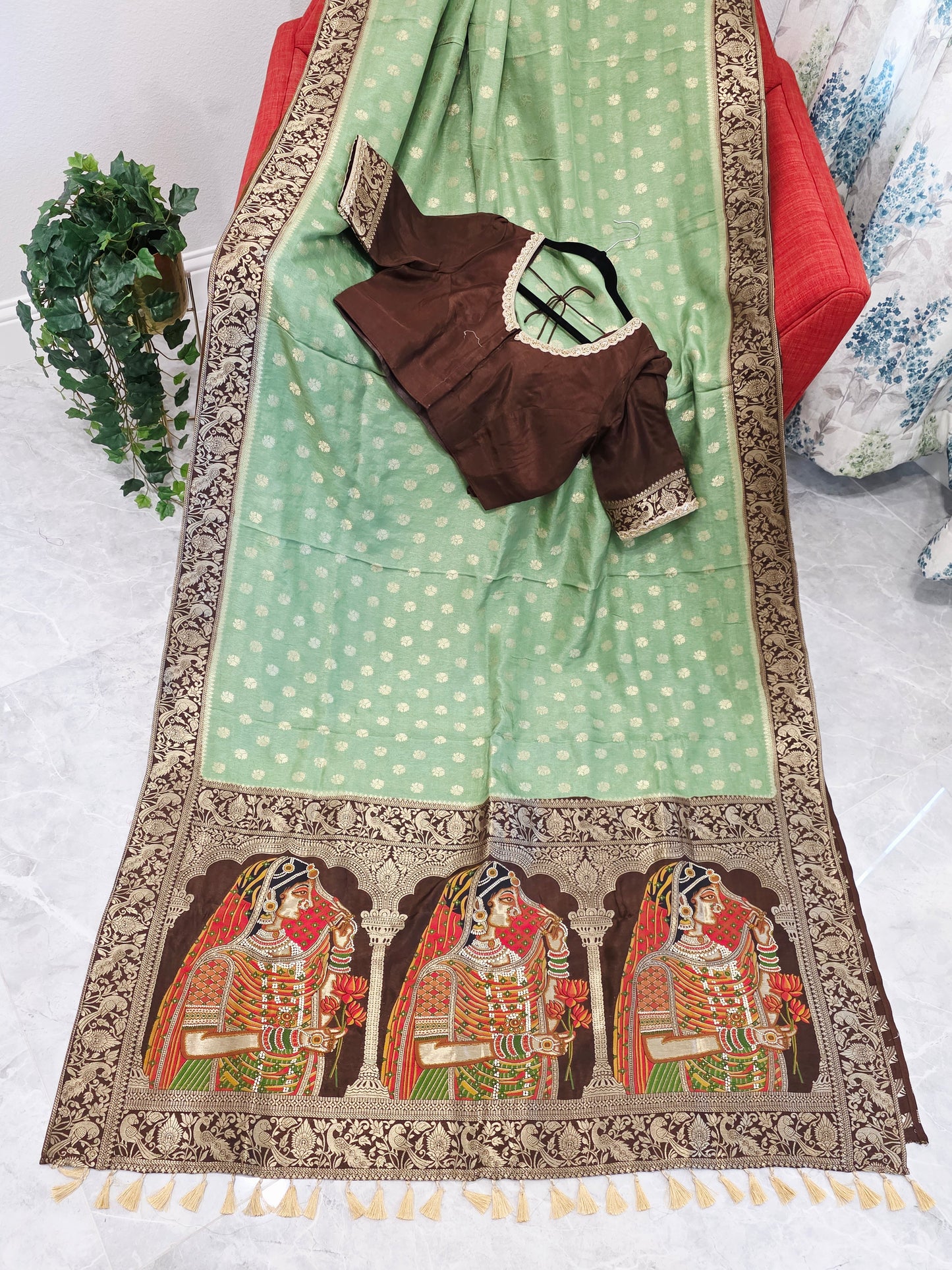 Mint Sage Green Munga Banarasi Crepe Silk Saree with Bridal Pallu & Brown Blouse