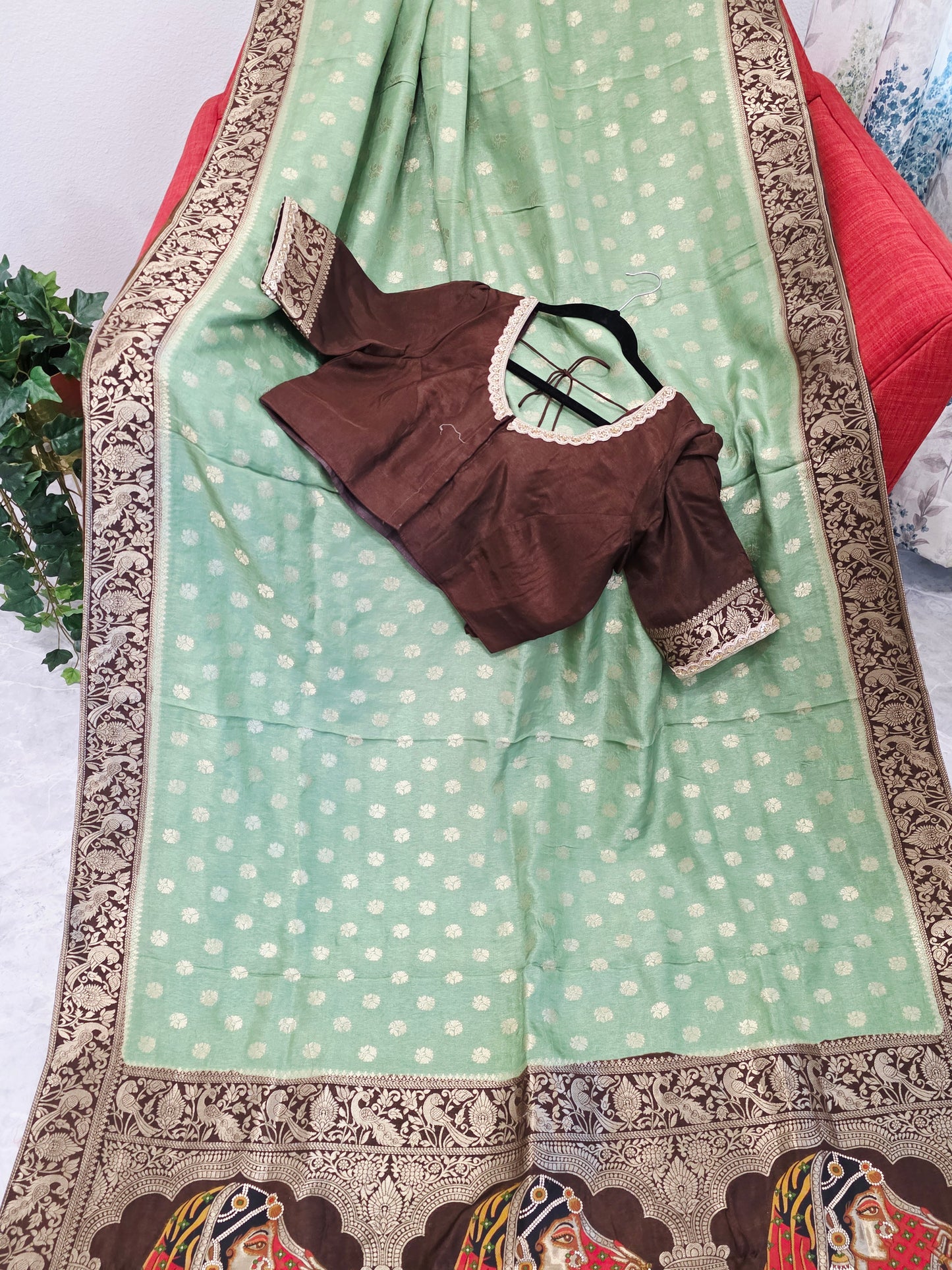 Mint Sage Green Munga Banarasi Crepe Silk Saree with Bridal Pallu & Brown Blouse
