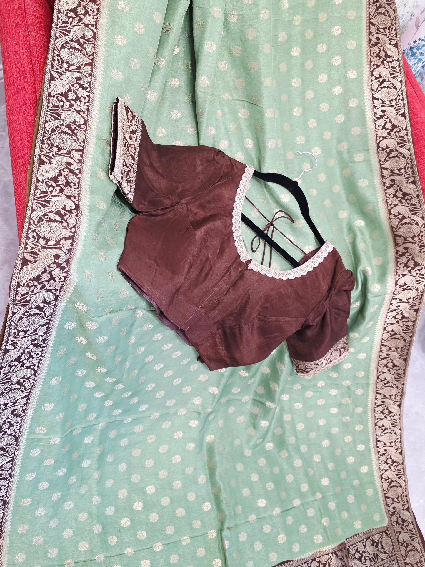 Mint Sage Green Munga Banarasi Crepe Silk Saree with Bridal Pallu & Brown Blouse