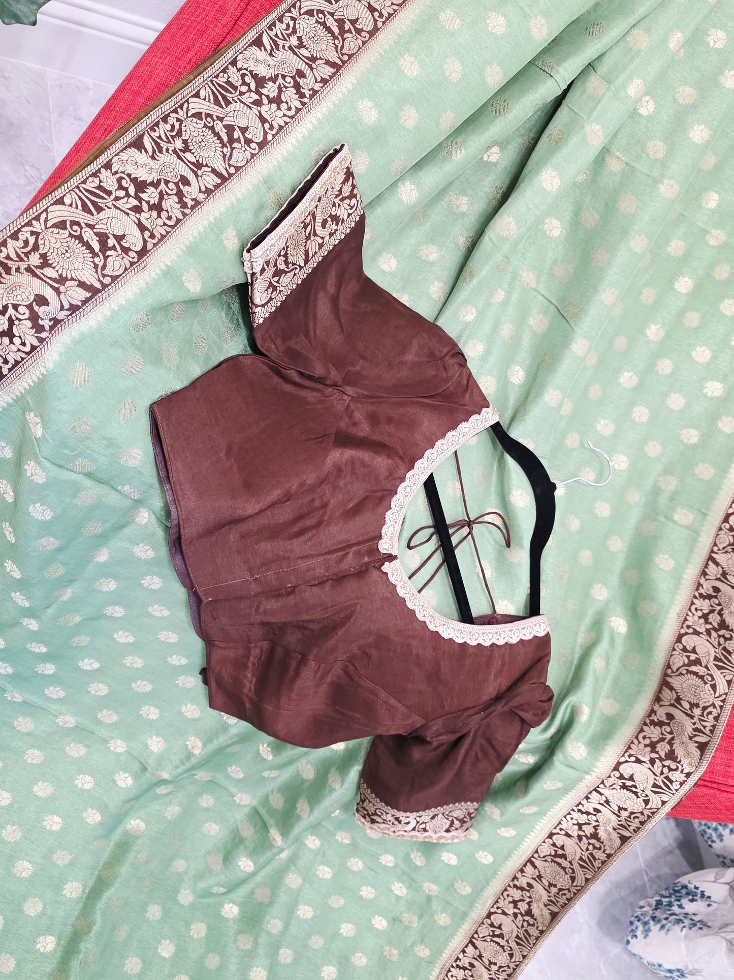 Mint Sage Green Munga Banarasi Crepe Silk Saree with Bridal Pallu & Brown Blouse