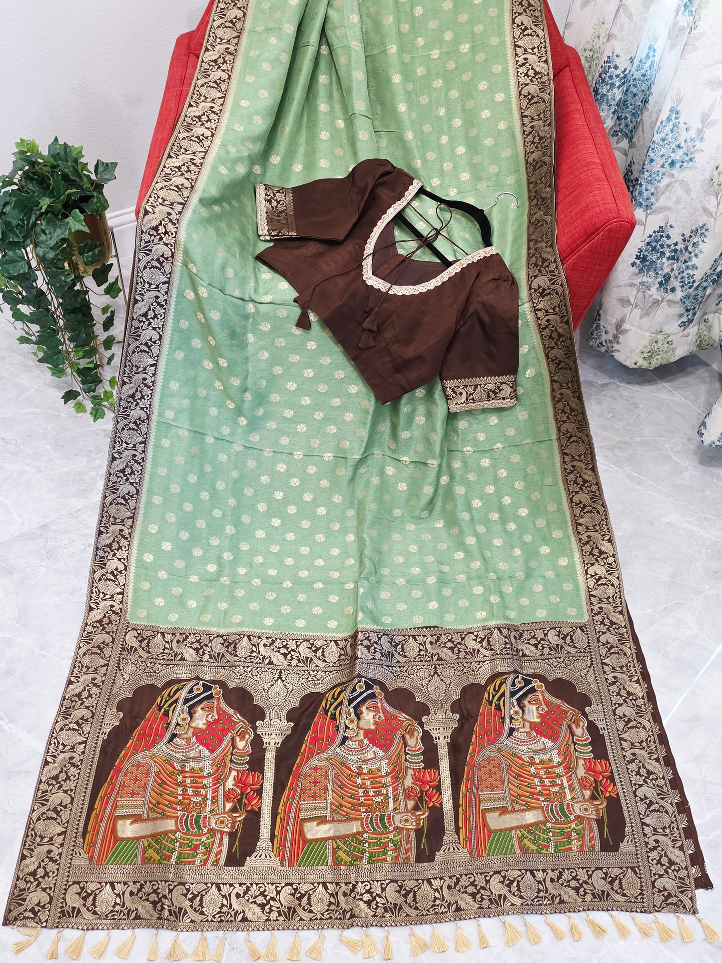 Mint Sage Green Munga Banarasi Crepe Silk Saree with Bridal Pallu & Brown Blouse