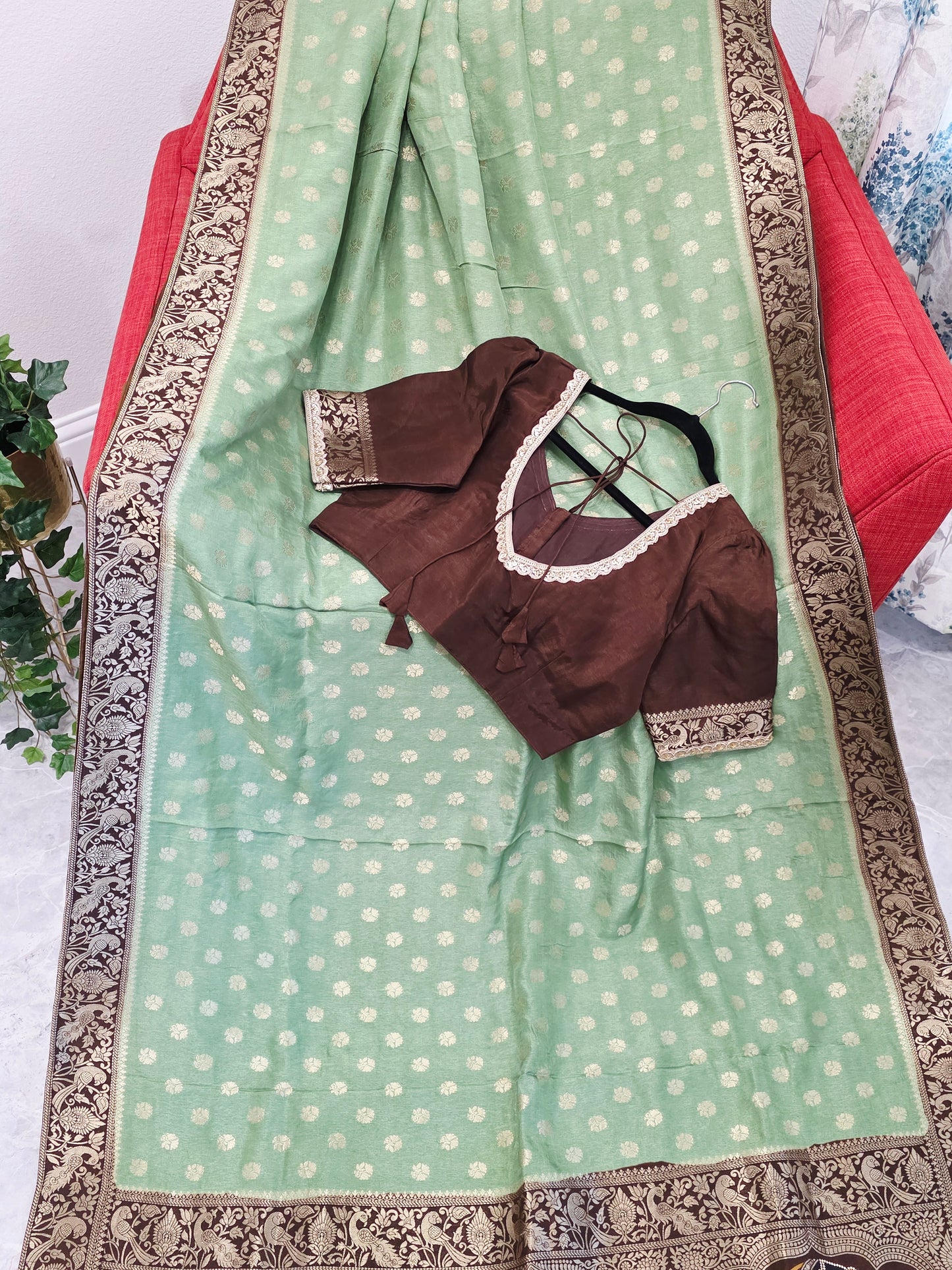 Mint Sage Green Munga Banarasi Crepe Silk Saree with Bridal Pallu & Brown Blouse