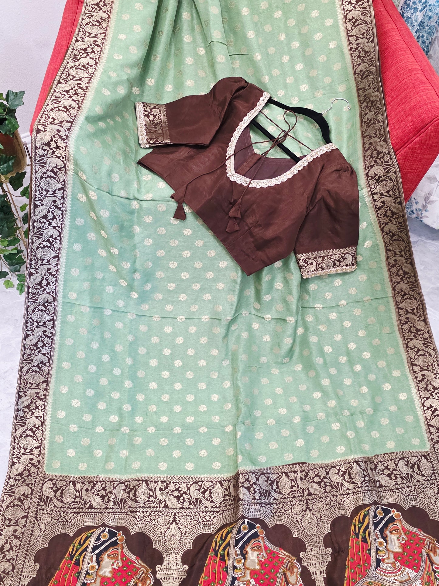 Mint Sage Green Munga Banarasi Crepe Silk Saree with Bridal Pallu & Brown Blouse