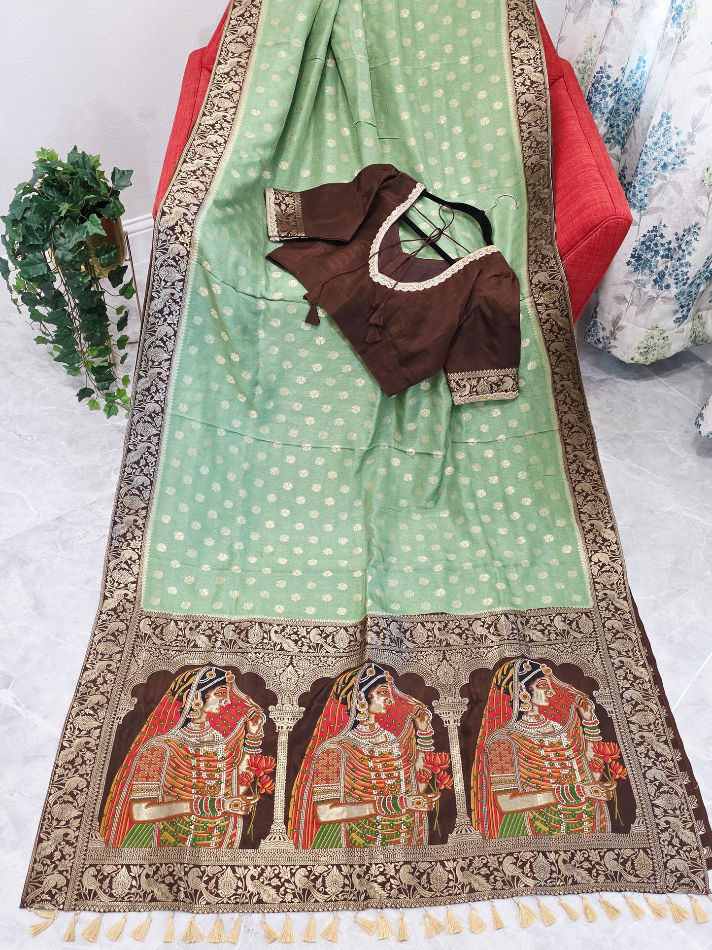 Mint Sage Green Munga Banarasi Crepe Silk Saree with Bridal Pallu & Brown Blouse