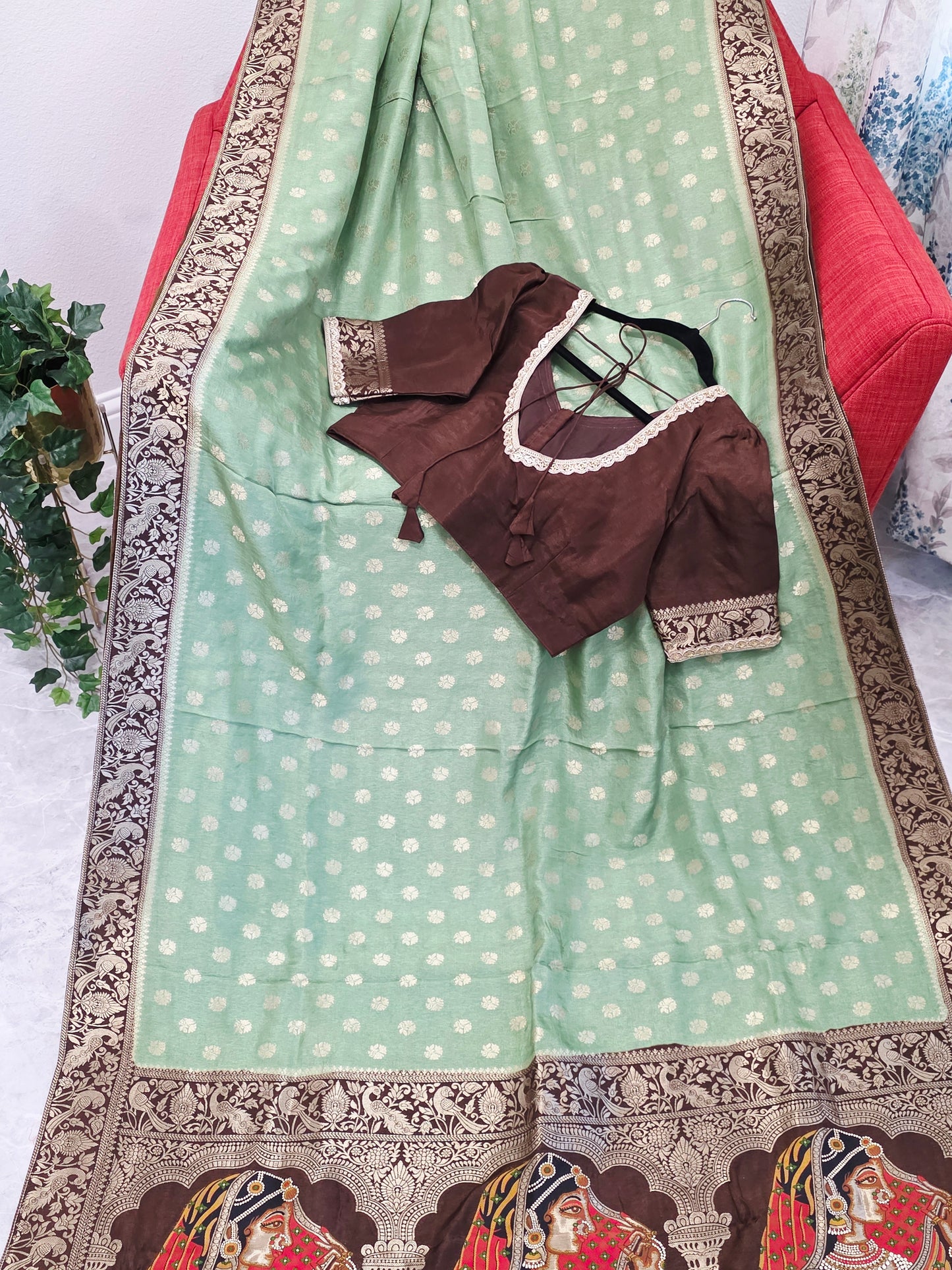 Mint Sage Green Munga Banarasi Crepe Silk Saree with Bridal Pallu & Brown Blouse