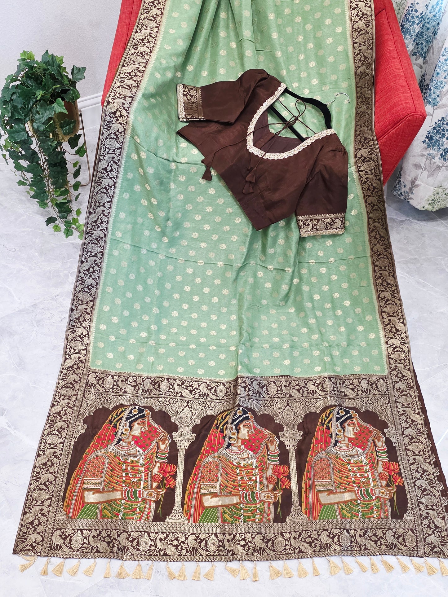 Mint Sage Green Munga Banarasi Crepe Silk Saree with Bridal Pallu & Brown Blouse