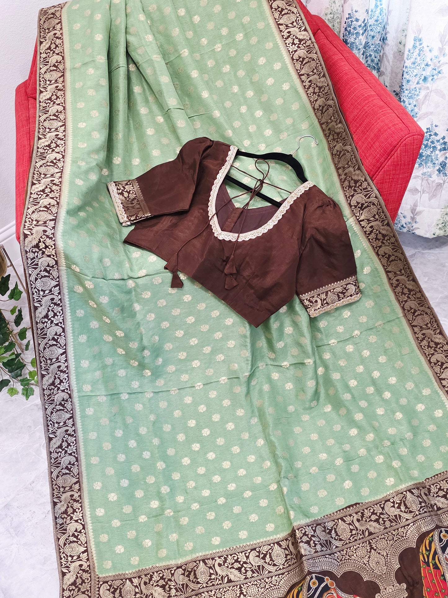 Mint Sage Green Munga Banarasi Crepe Silk Saree with Bridal Pallu & Brown Blouse