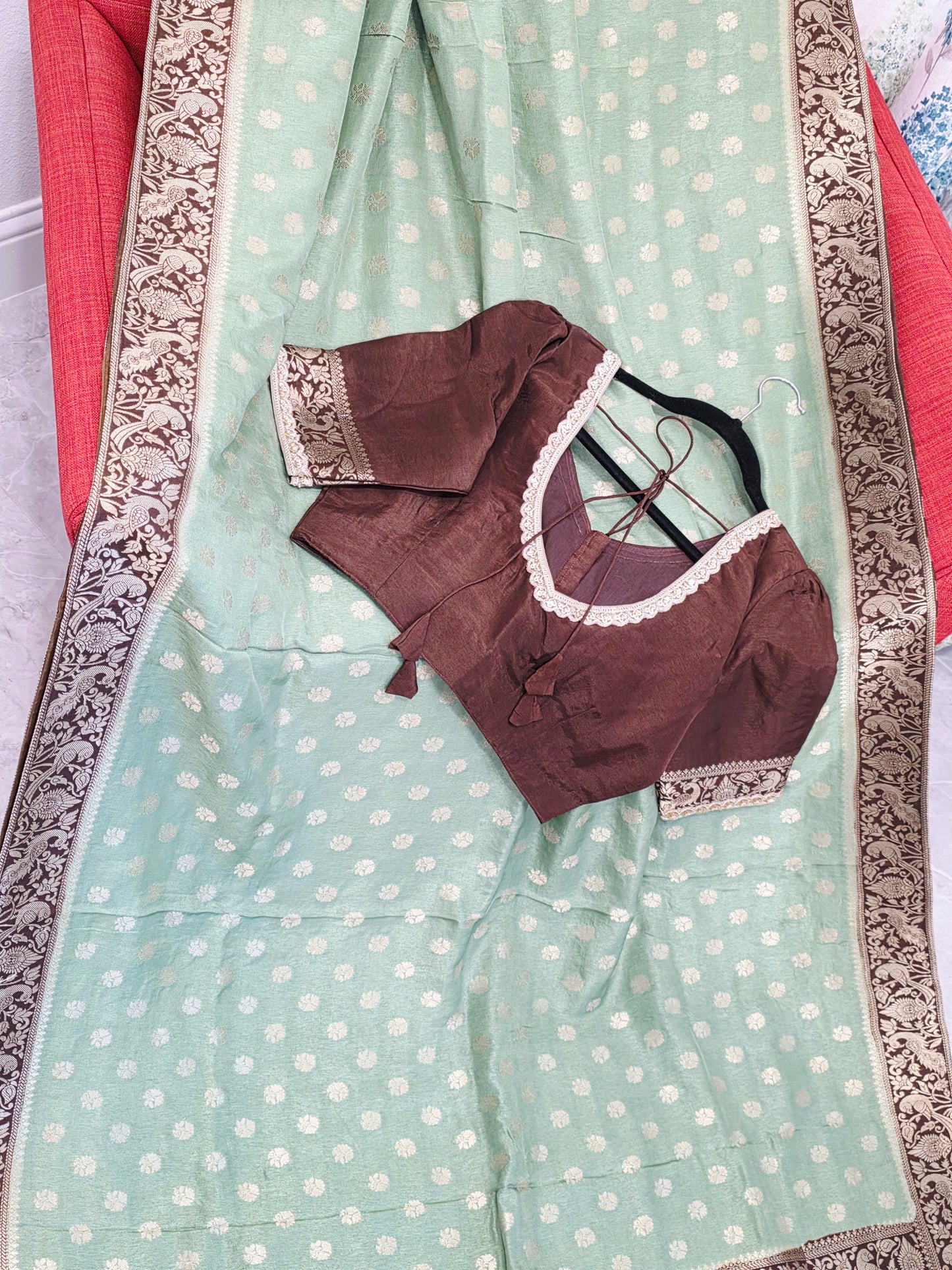 Mint Sage Green Munga Banarasi Crepe Silk Saree with Bridal Pallu & Brown Blouse