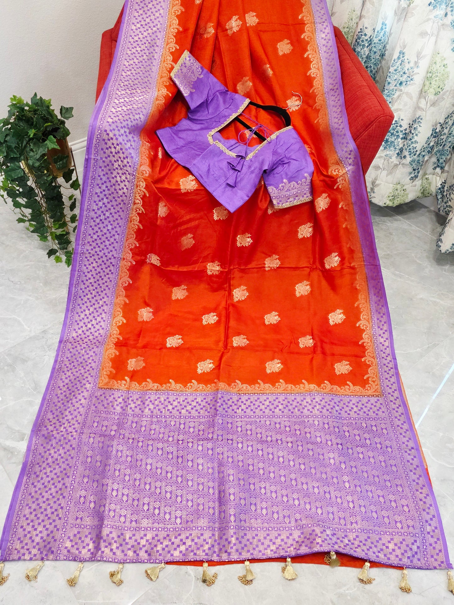 Saffron Orange Dola Benarasi Crepe Silk Saree with Lavender Border & Parrot Butta | Stitched Blouse