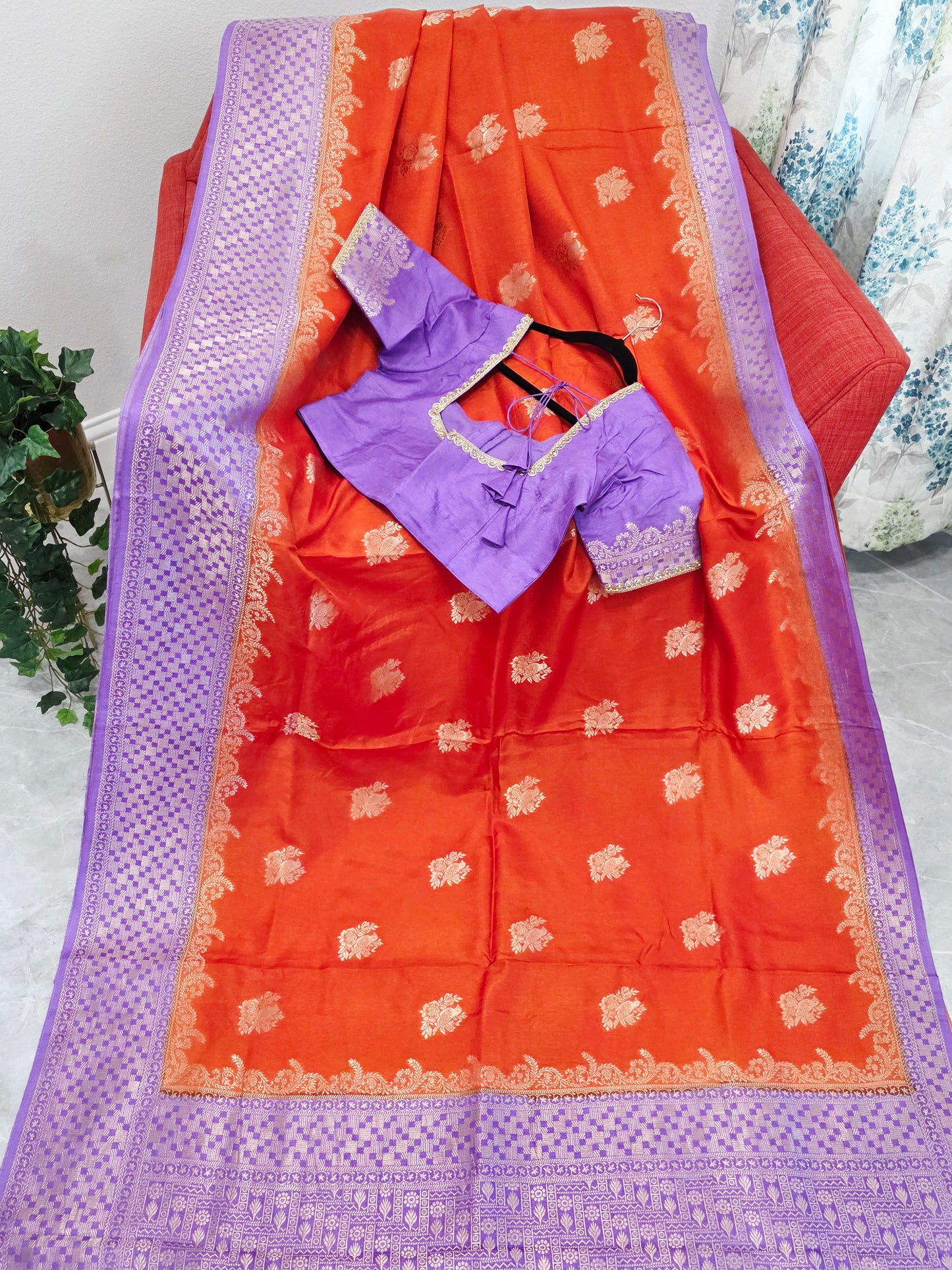 Saffron Orange Dola Benarasi Crepe Silk Saree with Lavender Border & Parrot Butta | Stitched Blouse