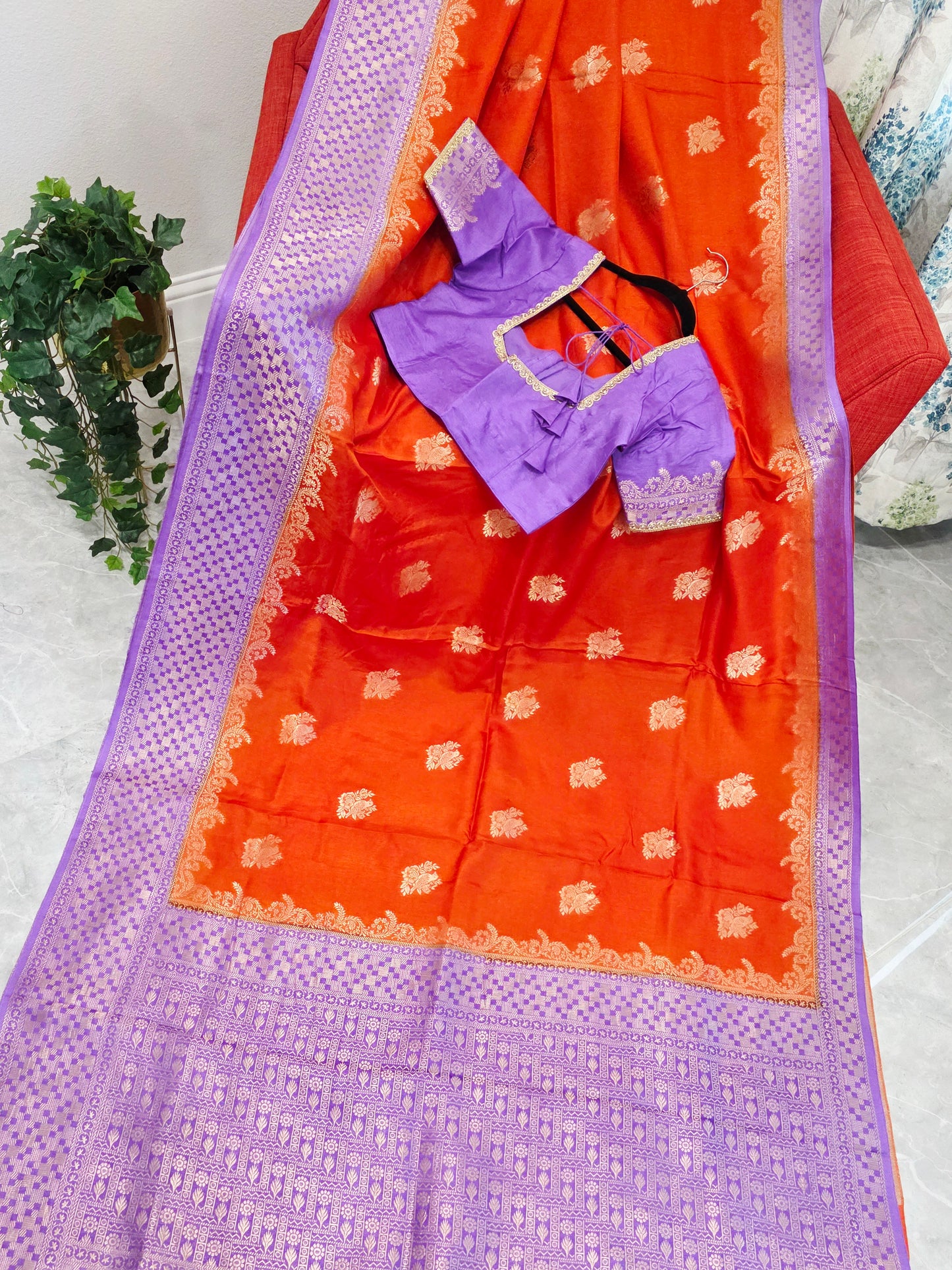 Saffron Orange Dola Benarasi Crepe Silk Saree with Lavender Border & Parrot Butta | Stitched Blouse