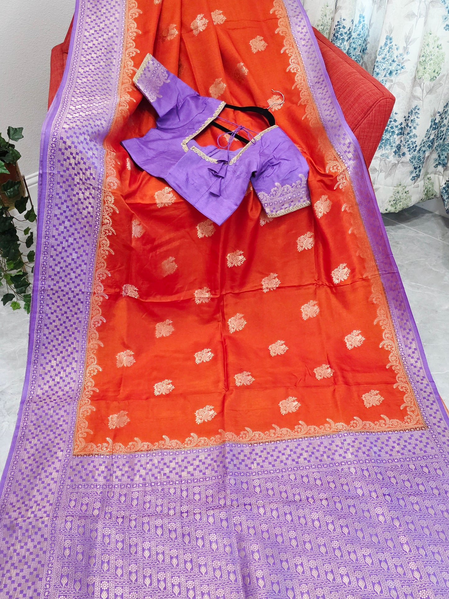 Saffron Orange Dola Benarasi Crepe Silk Saree with Lavender Border & Parrot Butta | Stitched Blouse
