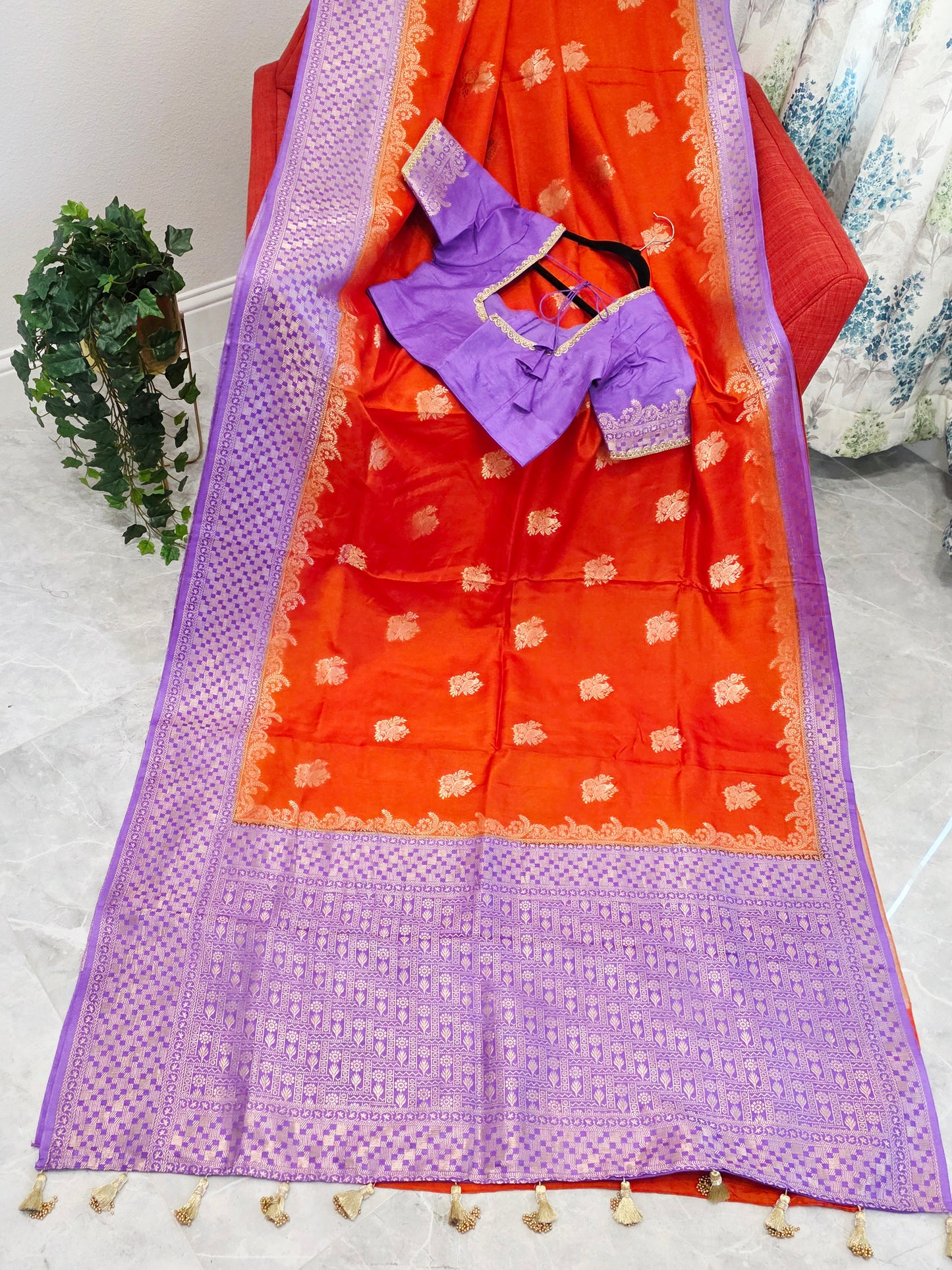 Saffron Orange Dola Benarasi Crepe Silk Saree with Lavender Border & Parrot Butta | Stitched Blouse