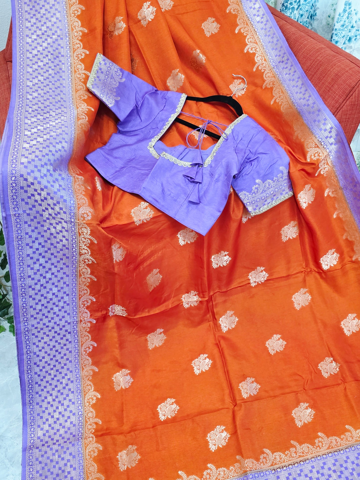 Saffron Orange Dola Benarasi Crepe Silk Saree with Lavender Border & Parrot Butta | Stitched Blouse