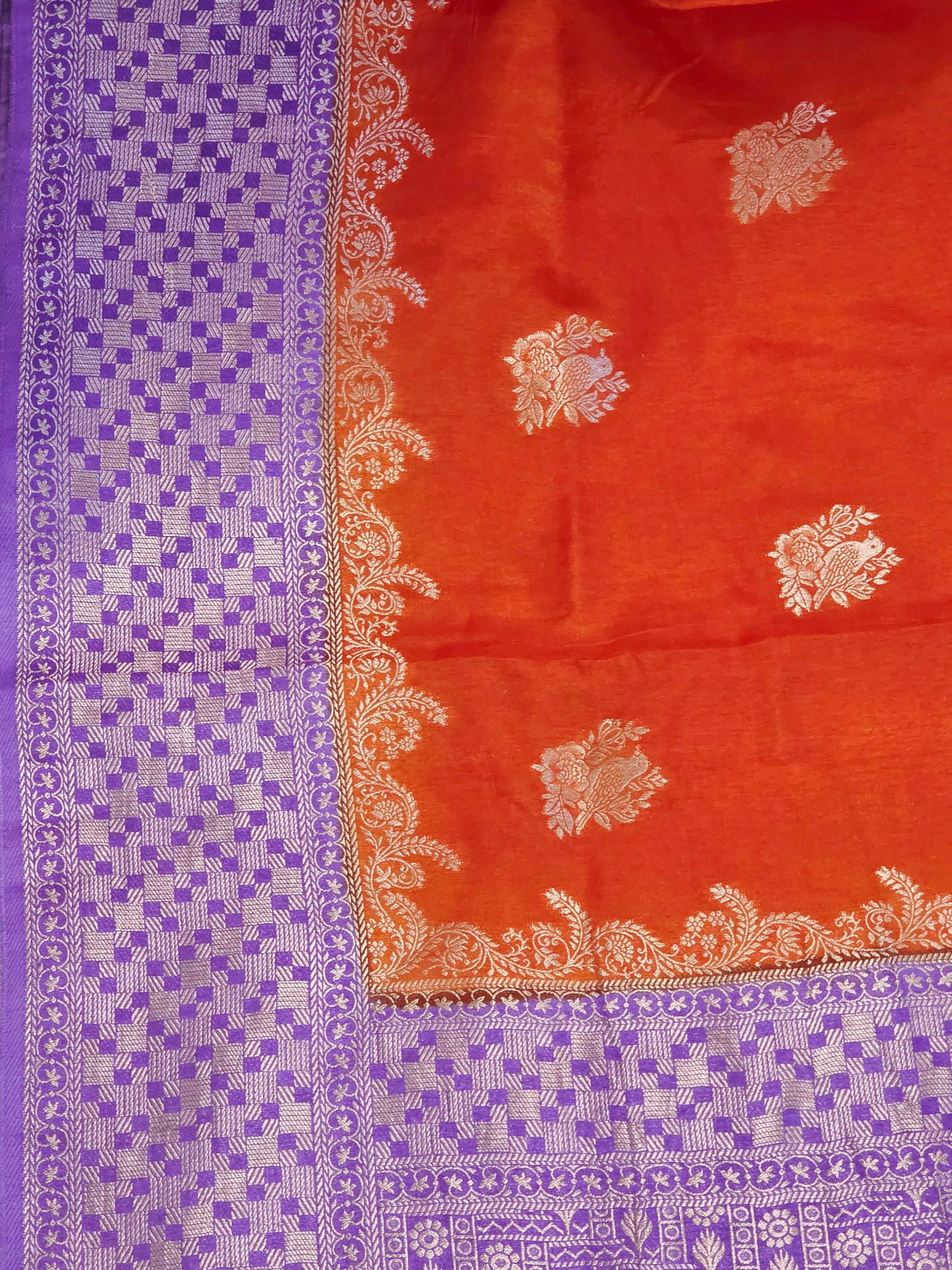 Saffron Orange Dola Benarasi Crepe Silk Saree with Lavender Border & Parrot Butta | Stitched Blouse