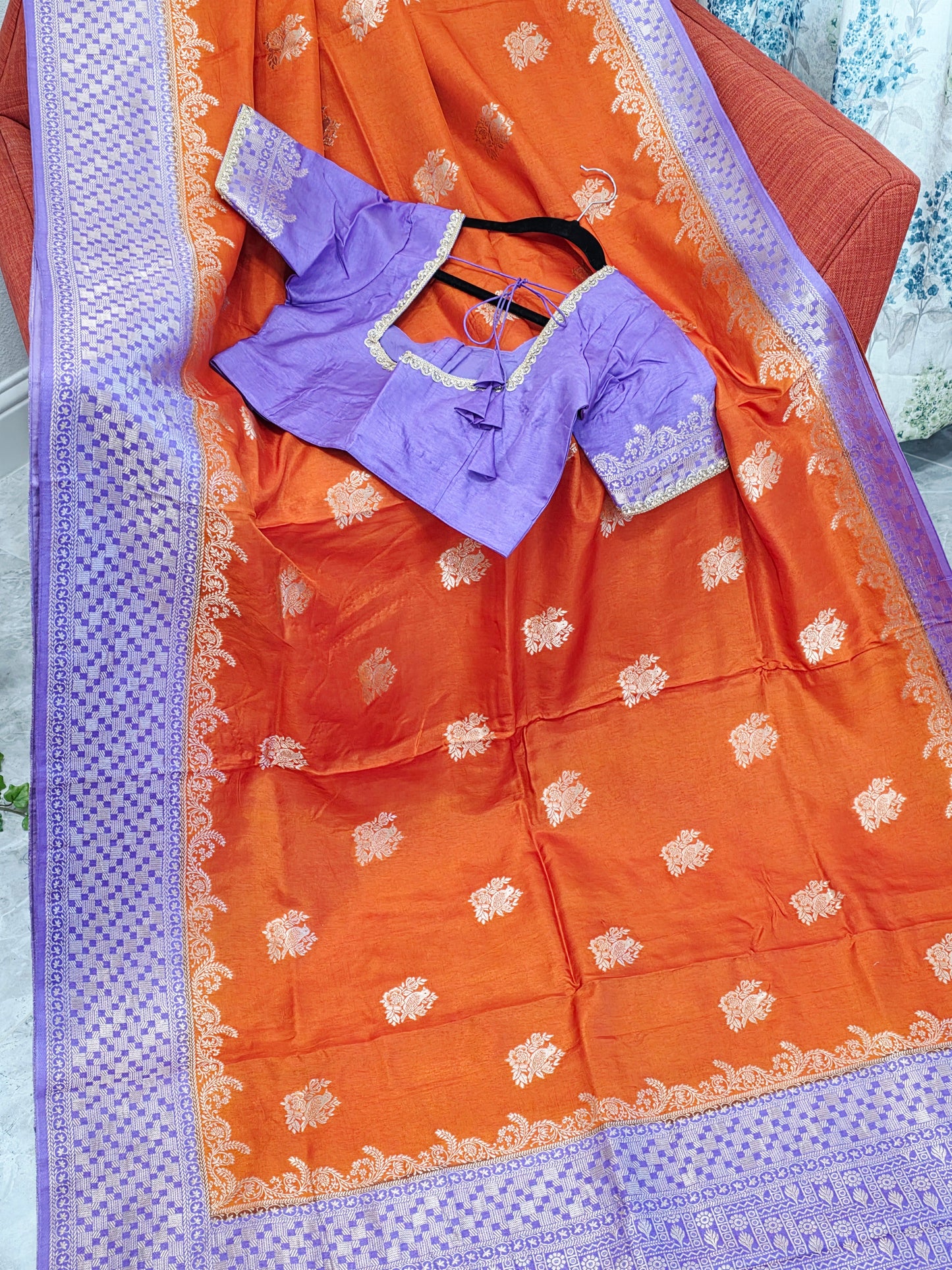 Saffron Orange Dola Benarasi Crepe Silk Saree with Lavender Border & Parrot Butta | Stitched Blouse