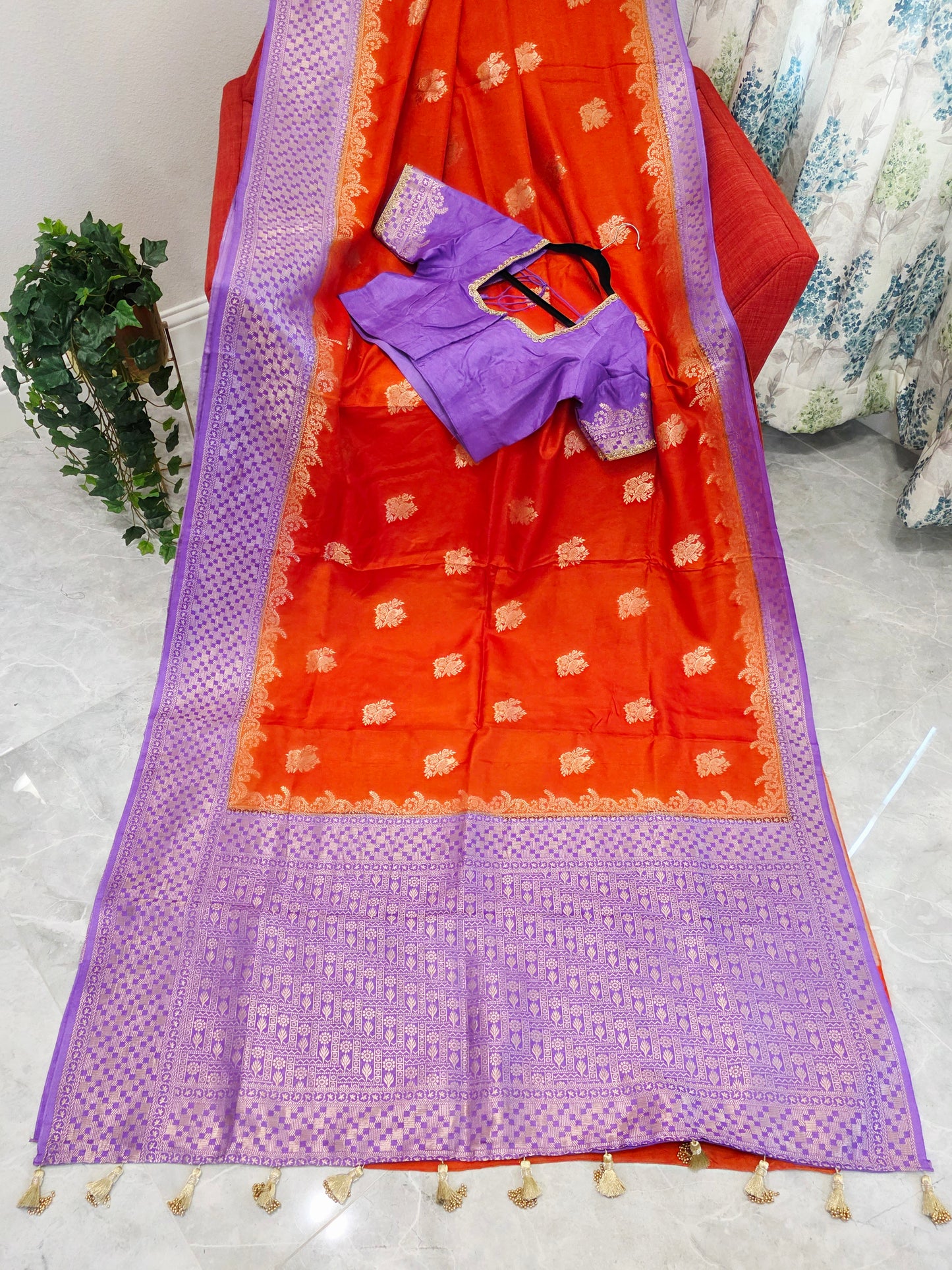 Saffron Orange Dola Benarasi Crepe Silk Saree with Lavender Border & Parrot Butta | Stitched Blouse