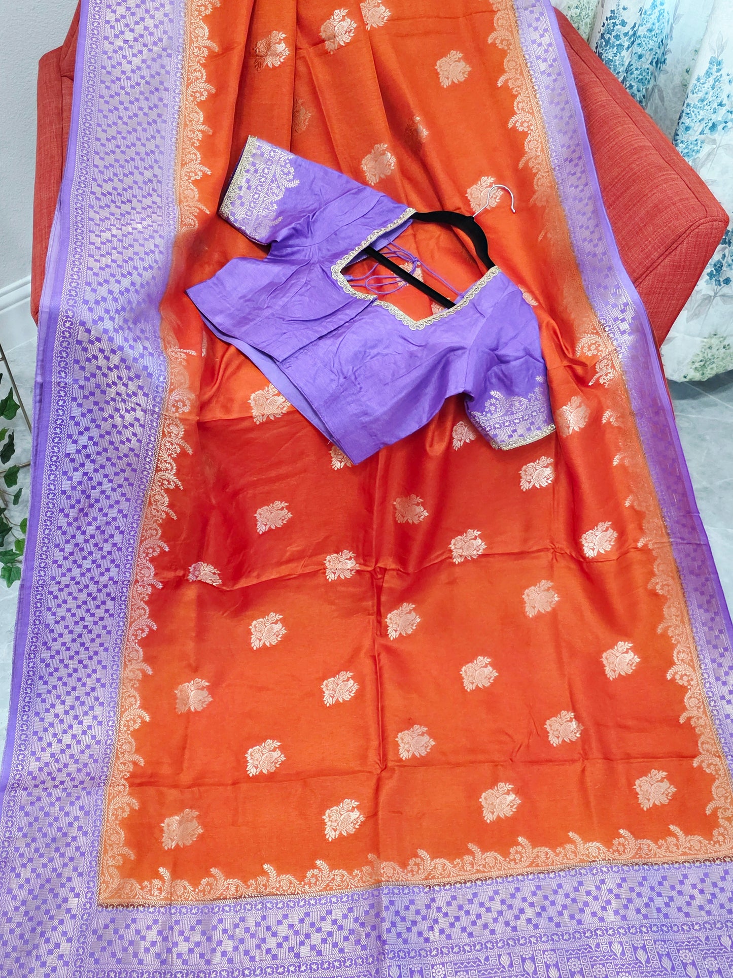 Saffron Orange Dola Benarasi Crepe Silk Saree with Lavender Border & Parrot Butta | Stitched Blouse