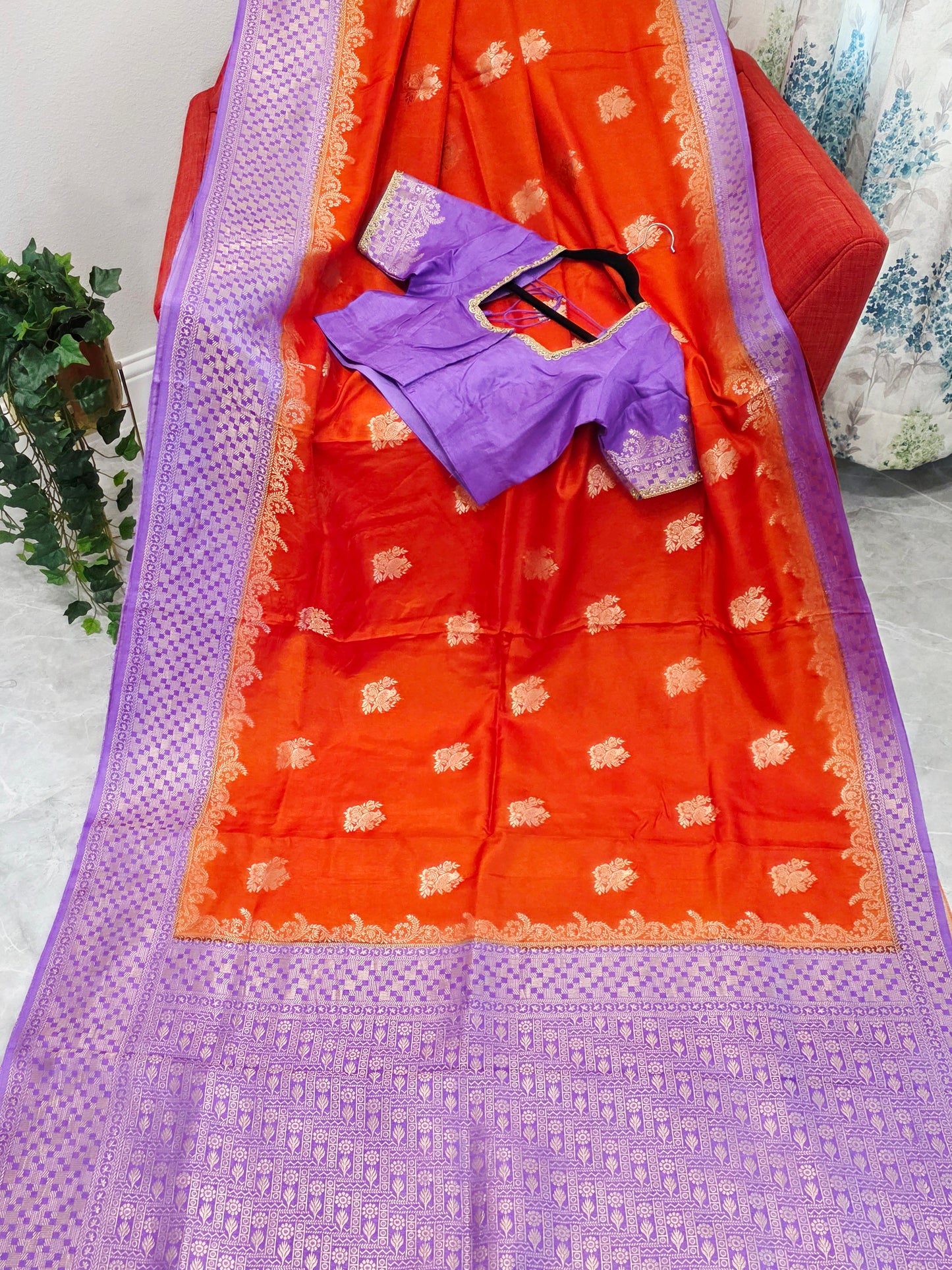 Saffron Orange Dola Benarasi Crepe Silk Saree with Lavender Border & Parrot Butta | Stitched Blouse