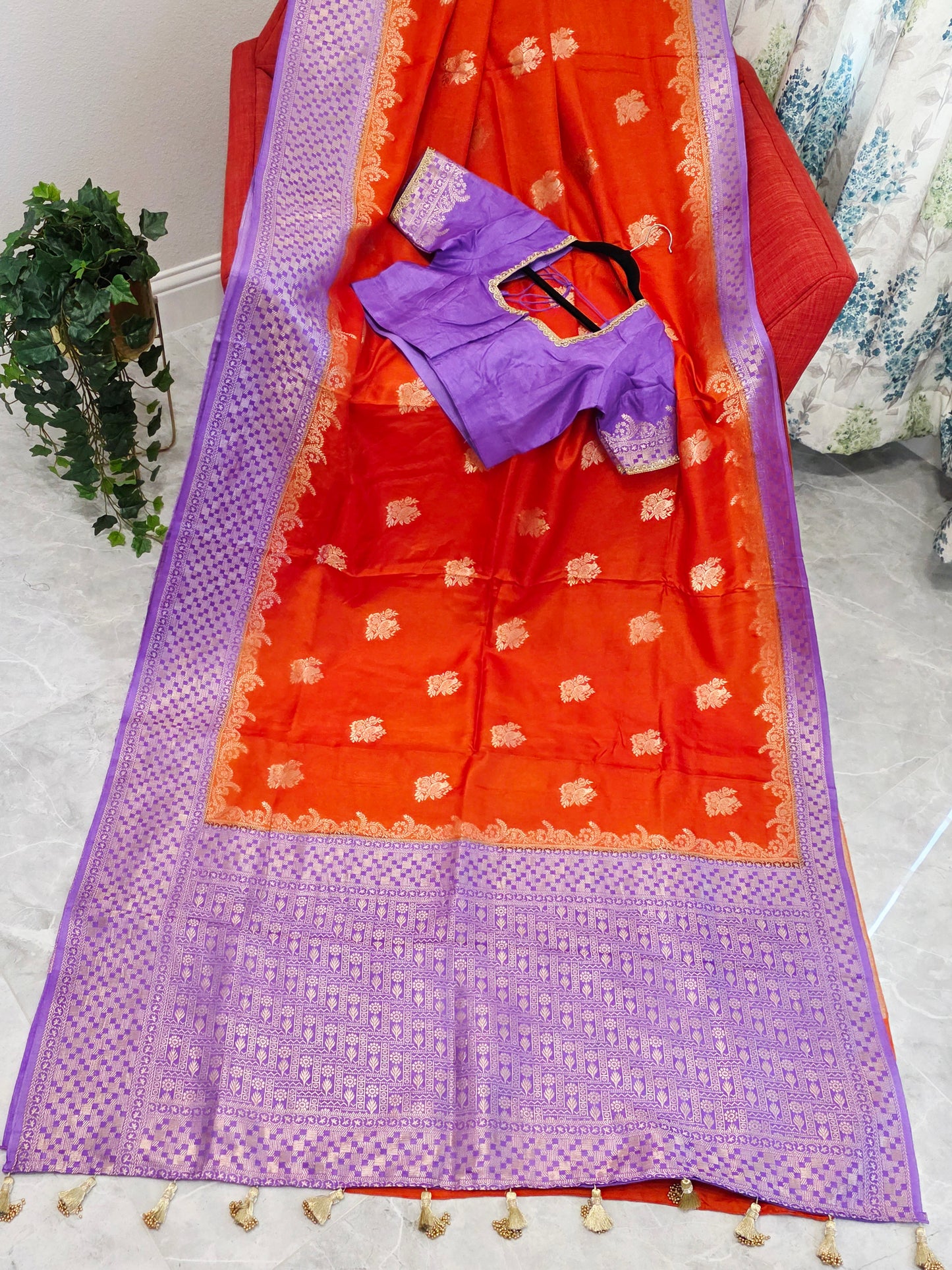 Saffron Orange Dola Benarasi Crepe Silk Saree with Lavender Border & Parrot Butta | Stitched Blouse