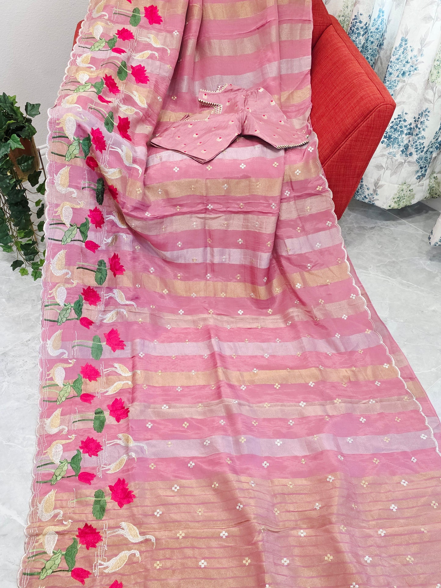 Vintage Blush Rose Soft Falling Tissue Stripes Designer Saree with Floral Border & Stitched Blouse